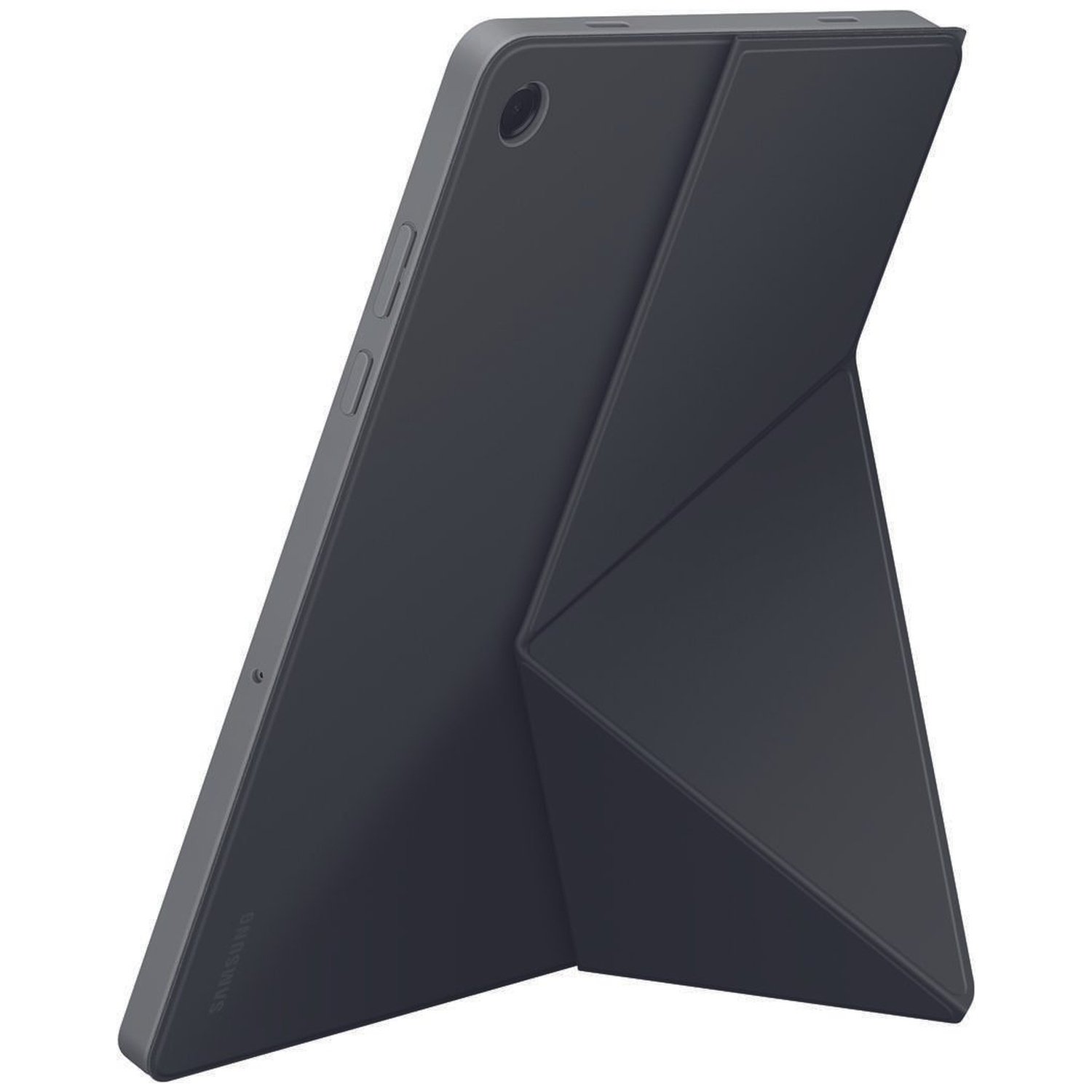 Een donkere tablet met een gevouwen beschermhoes die als standaard dient.