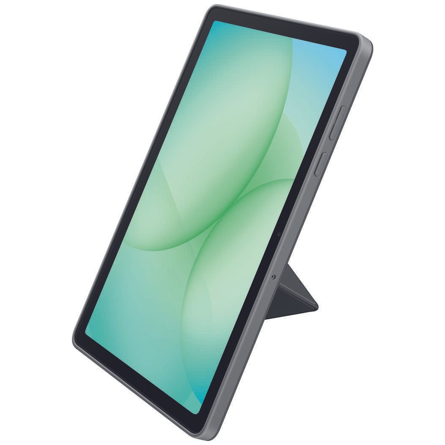 Grijze tablet met standaard, met een groen-blauwe abstracte achtergrond.