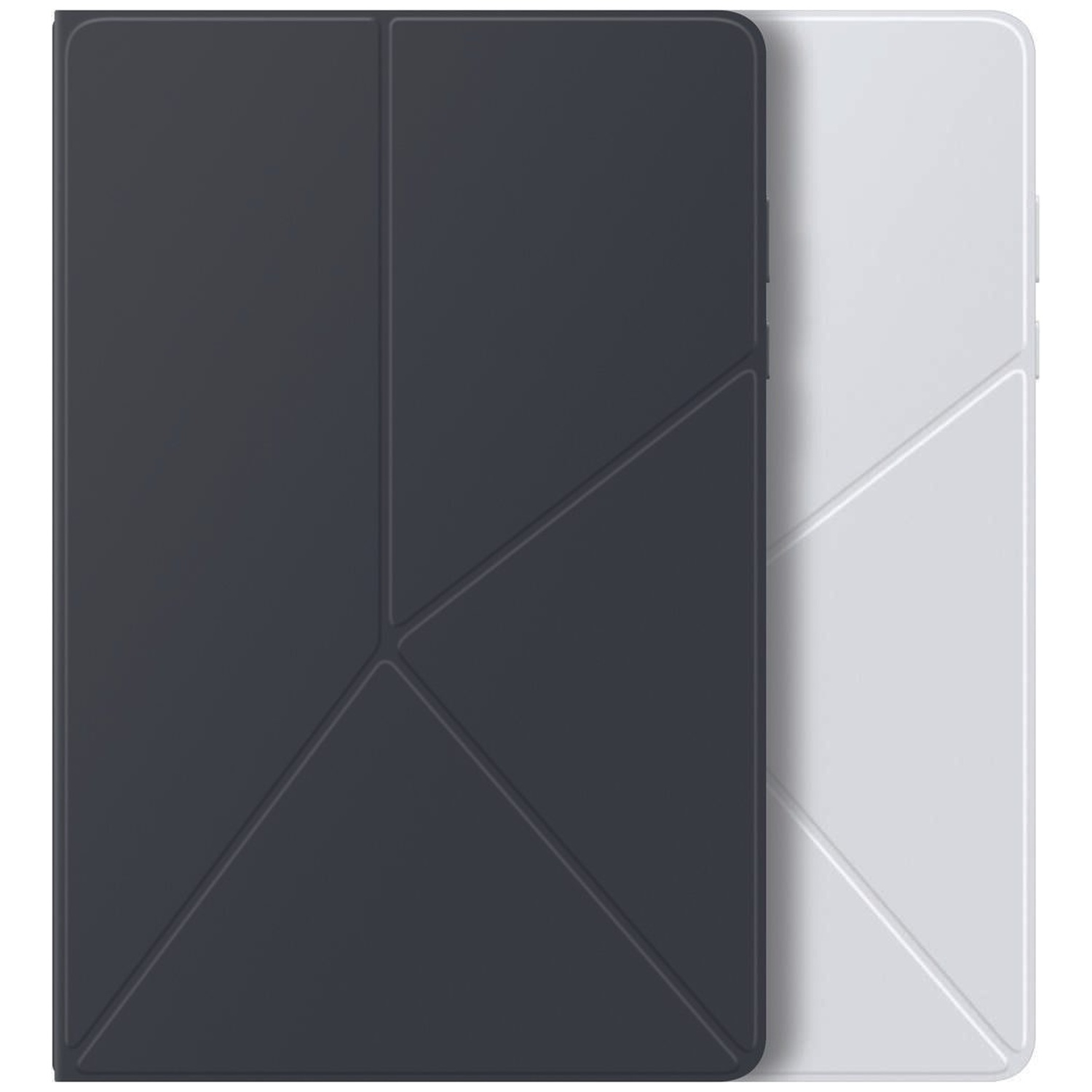 Twee tablethoezen, één donkergrijs, één wit, met geometrisch patroon.