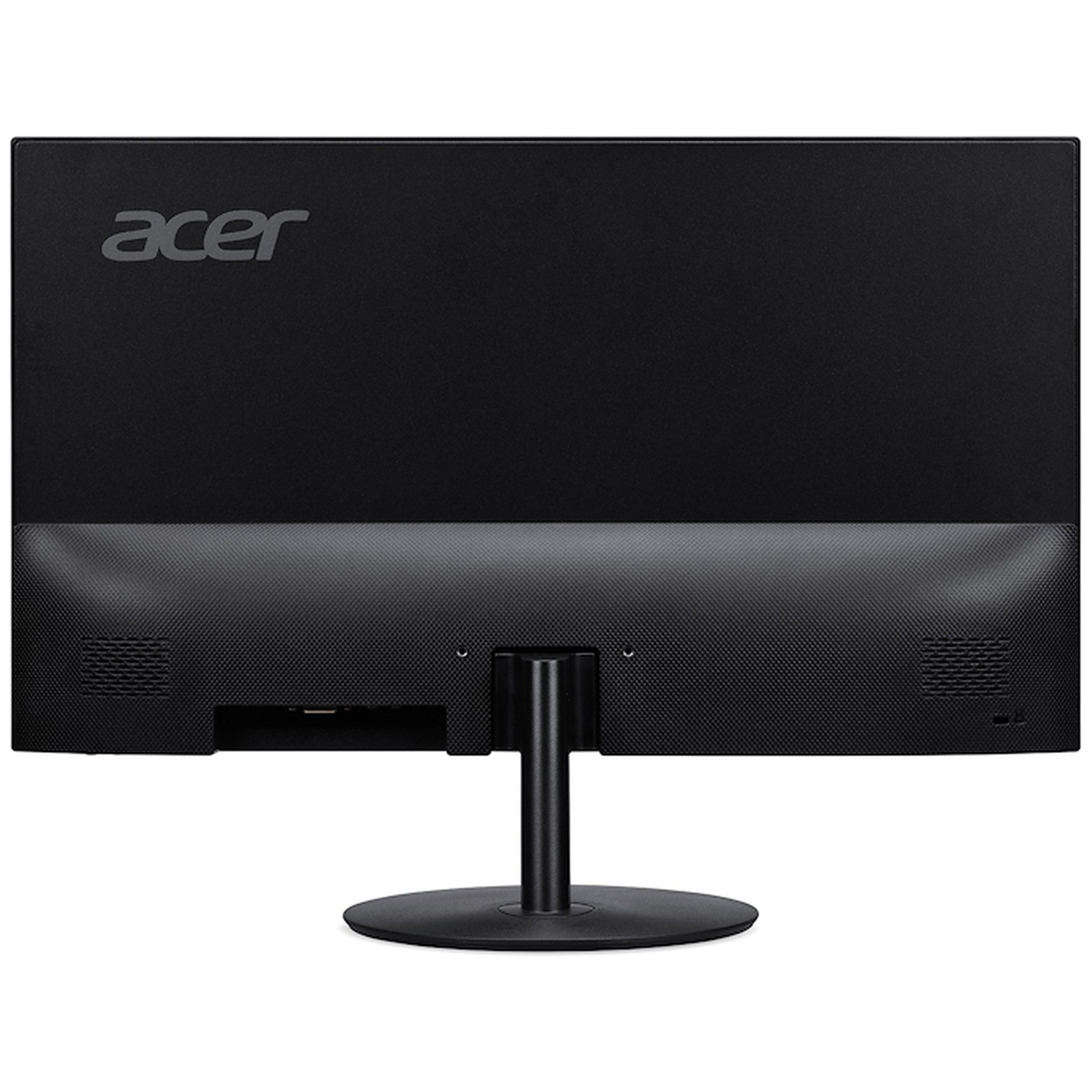 Back view of a black Acer monitor with a round stand.