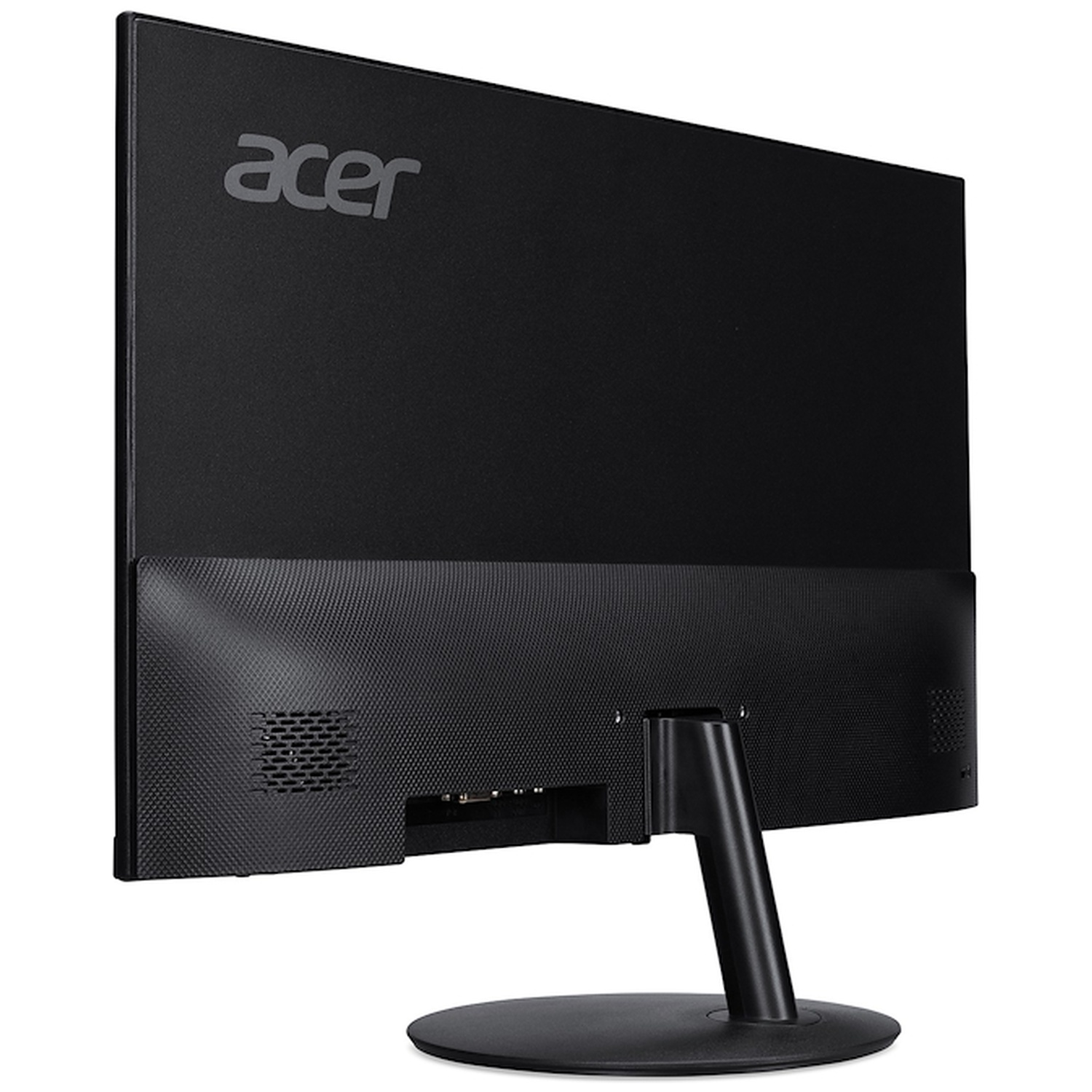 Back of a black Acer monitor with stand and ventilation grilles.