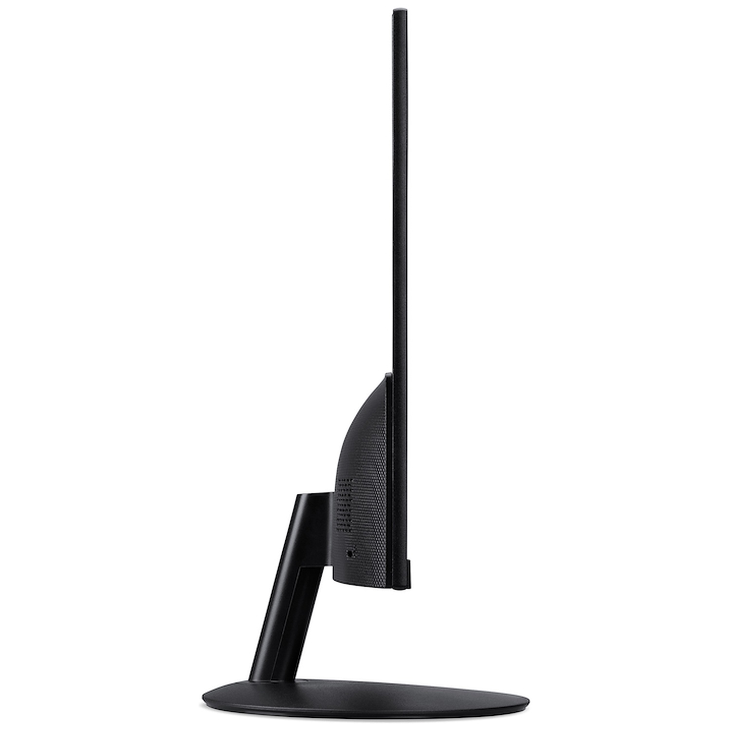 A black computer monitor with a thin bezel and a black stand.