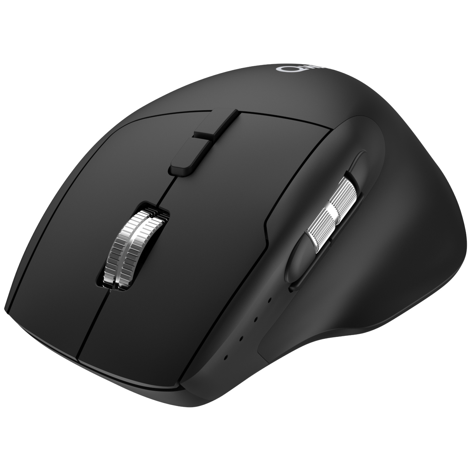 Black computer mouse with silver scroll wheels and buttons.
