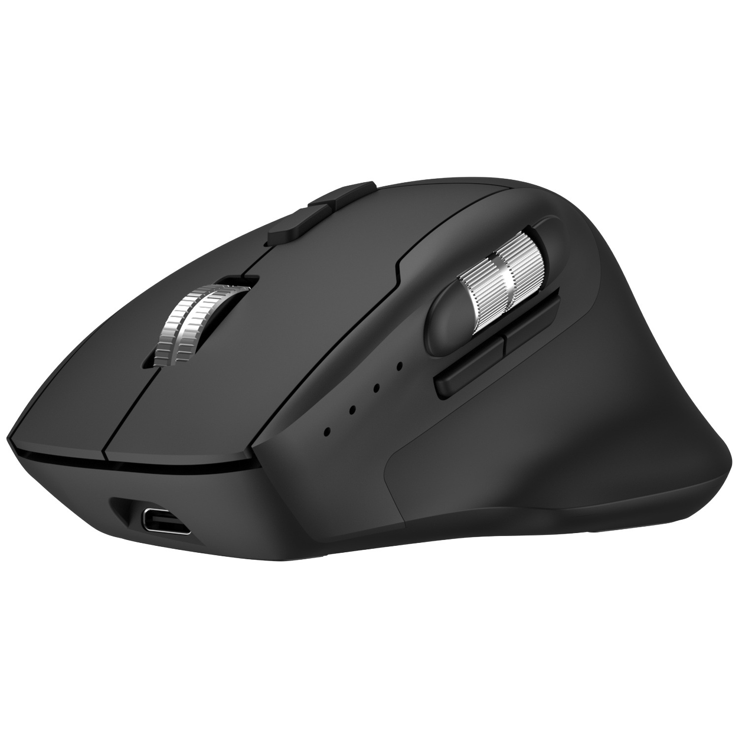 Black computer mouse with silver scroll wheels and USB-C port.