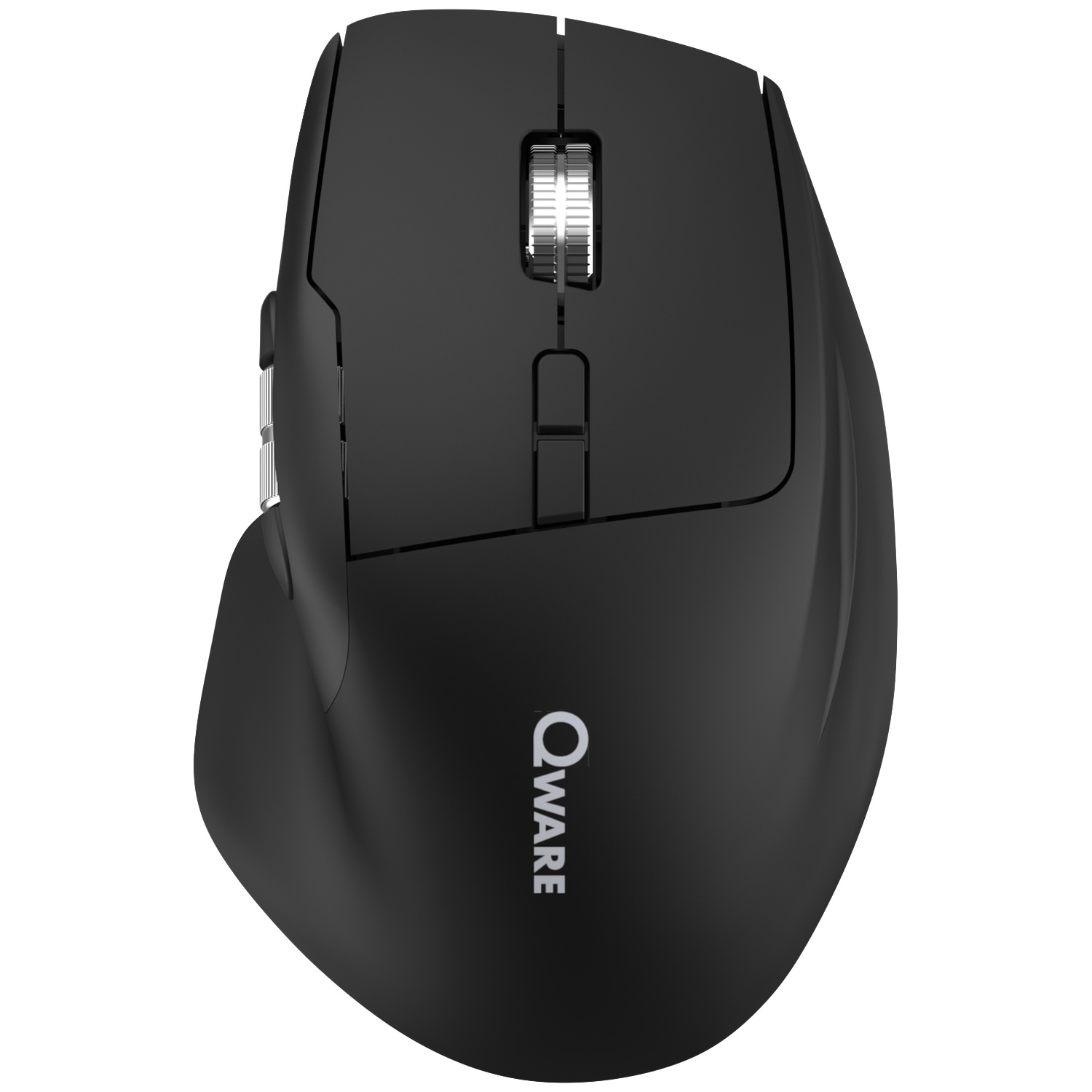 A black QWare computer mouse with a scroll wheel and buttons, on a white background.