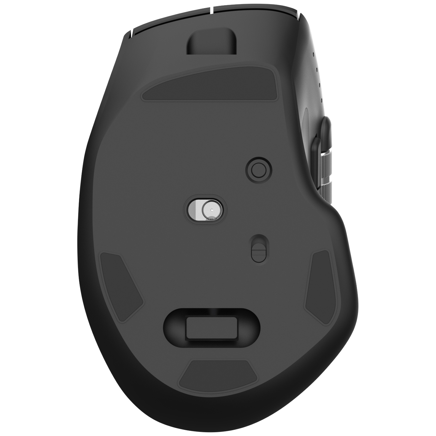 Underside of a black computer mouse with switches and glide pads.