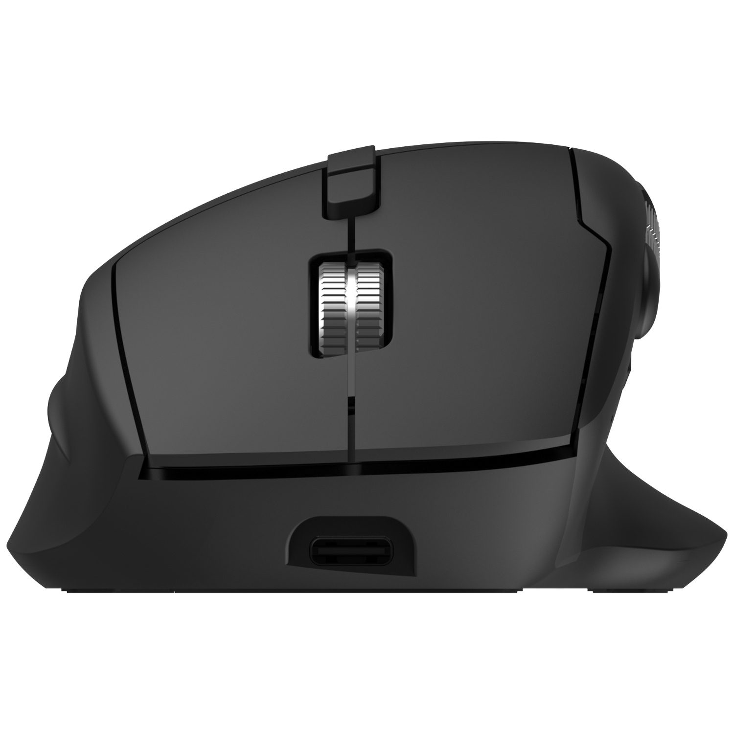 Black computer mouse with USB-C port and scroll wheel, side view.
