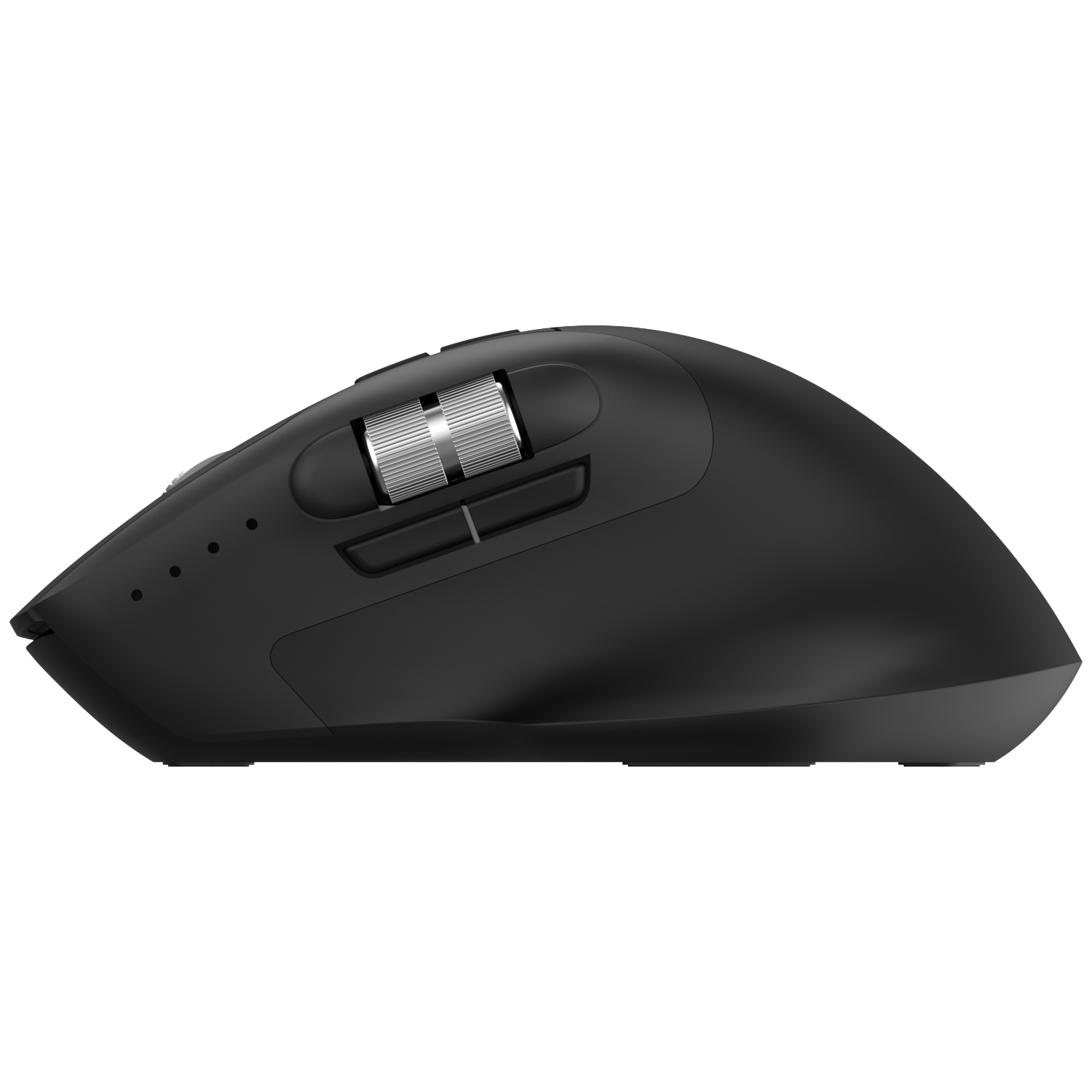 Black computer mouse with silver scroll wheel and buttons, side view.