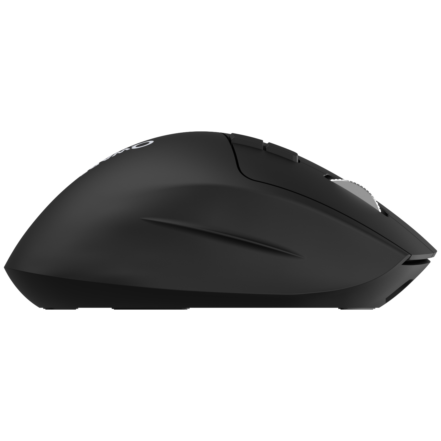Black computer mouse with scroll wheel and buttons, side view.