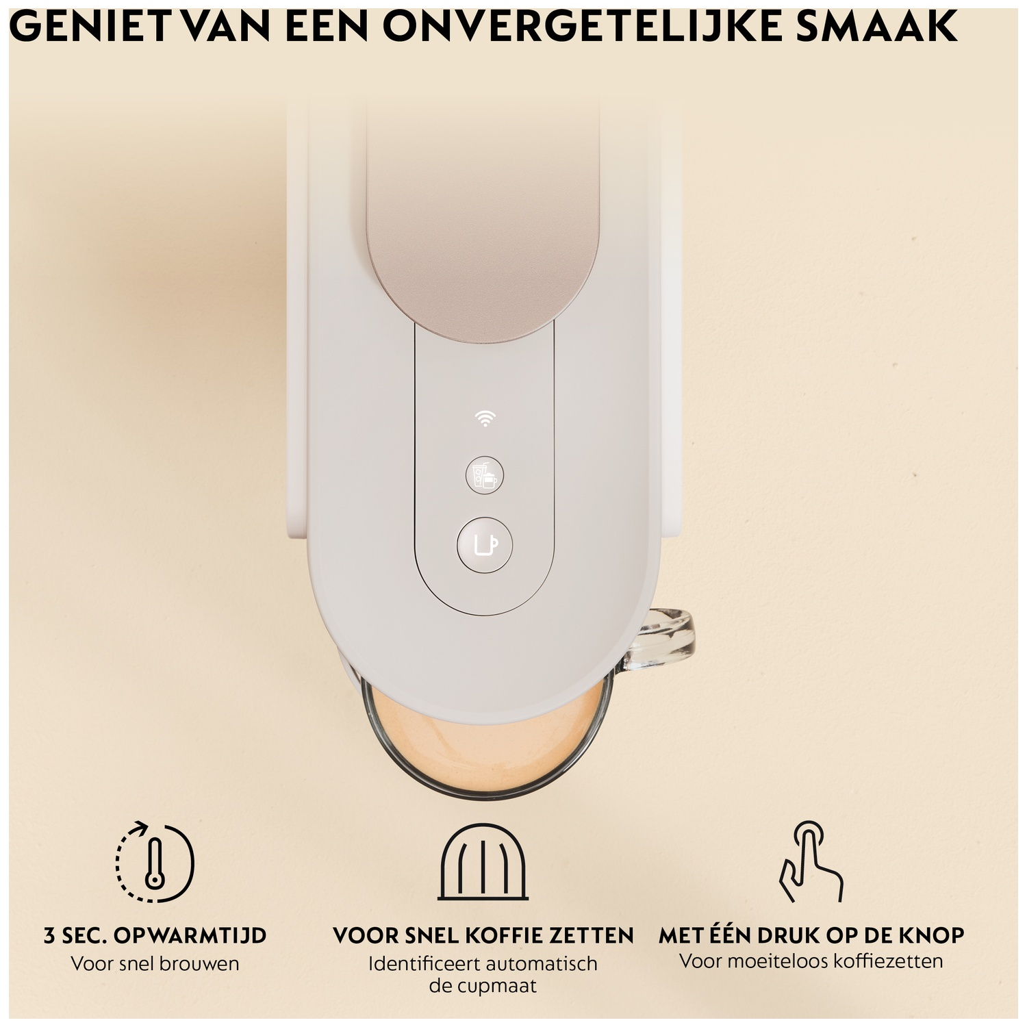 A white coffee machine brews coffee into a cup. Icons below show 3s warm-up, fast brewing & one-button operation.
