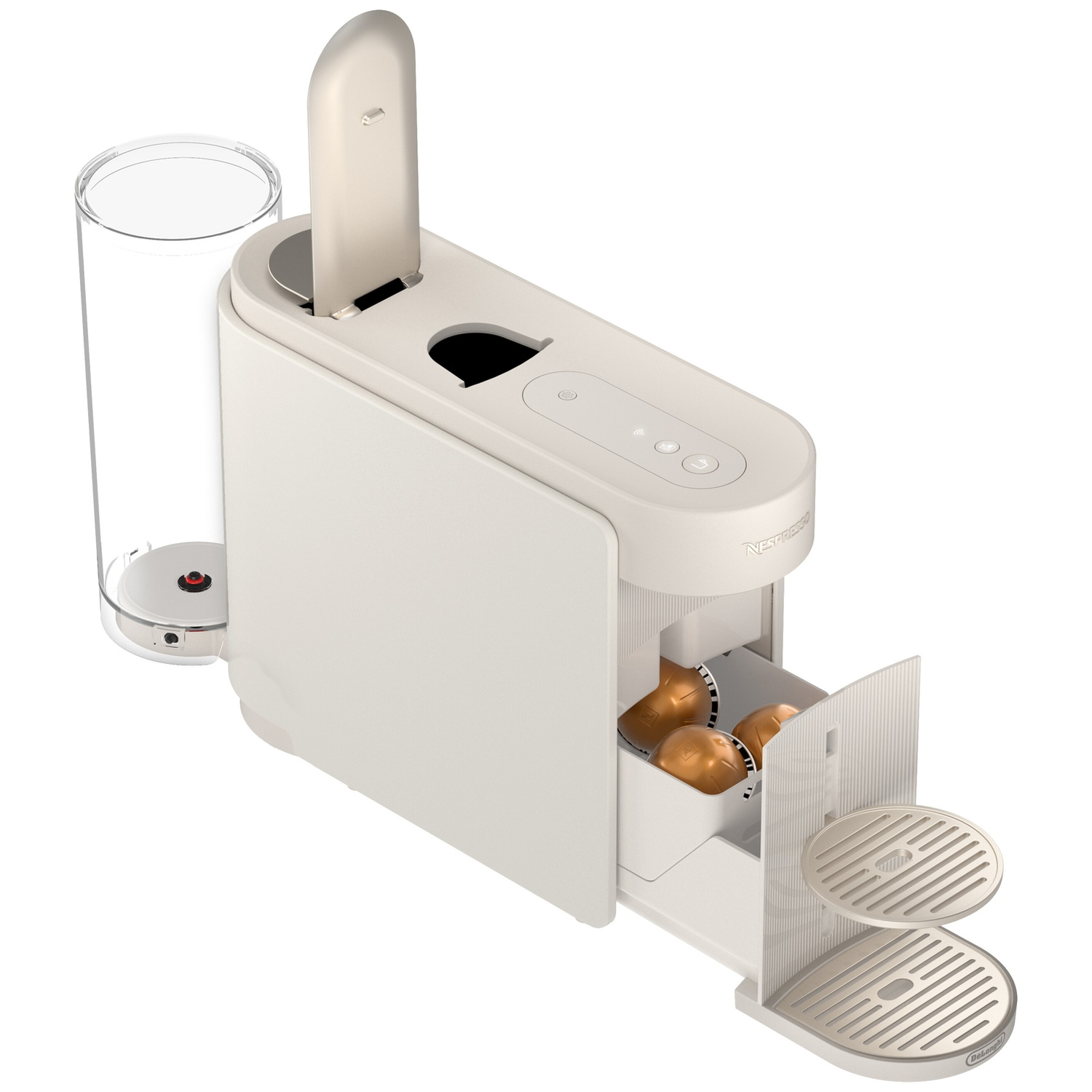 A light-colored coffee capsule machine with a water tank and a filled capsule holder.