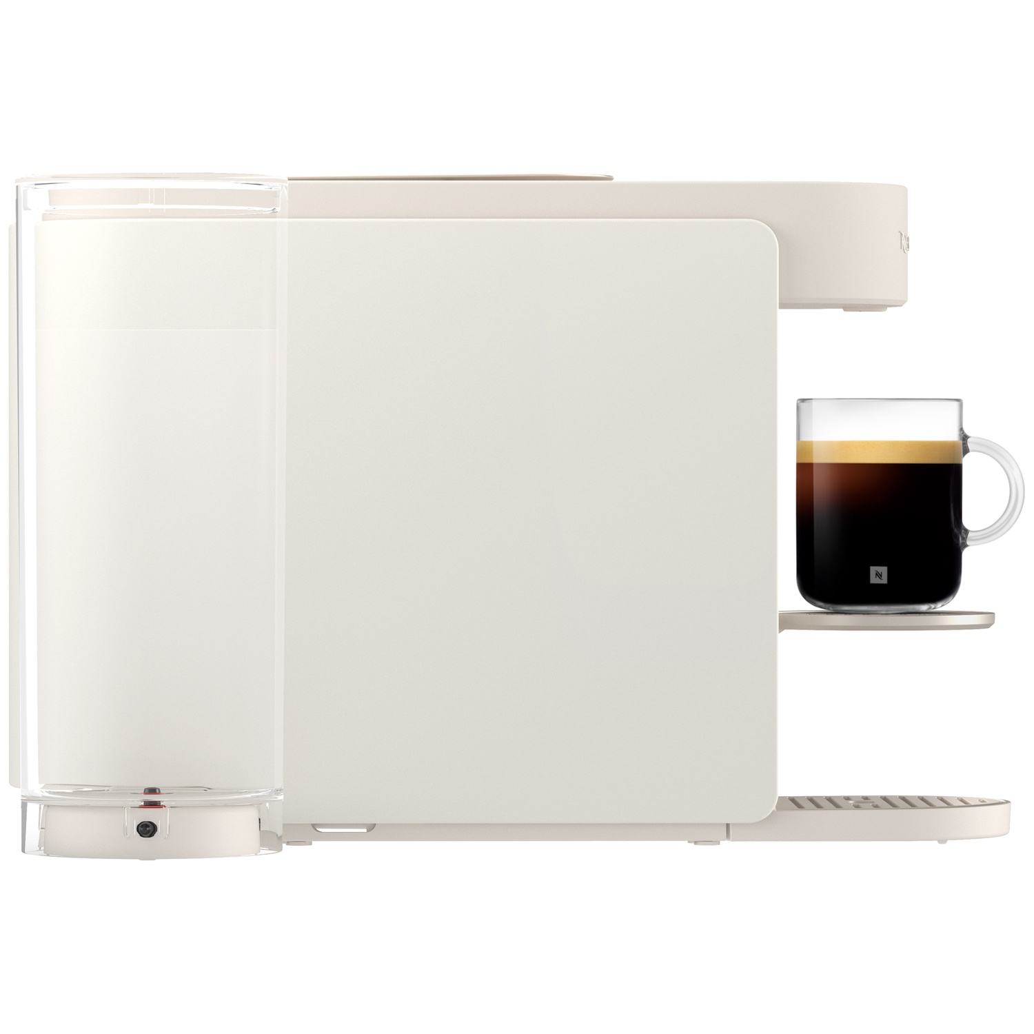 A cream-colored coffee machine with a milk container and a cup of coffee.