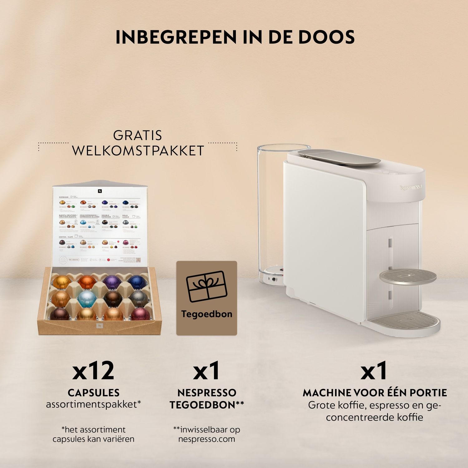 A white Nespresso machine with a water tank, 12 capsules, and a voucher.