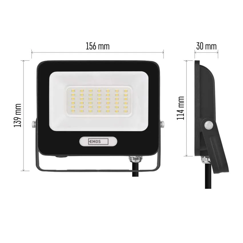 Fekete LED-es reflektor méretekkel és EMOS logóval.