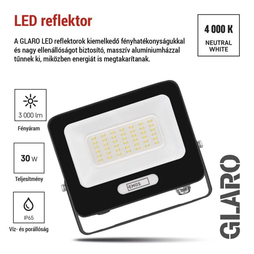 Fekete LED reflektor, 30W, 3000lm, IP65, 4000K.