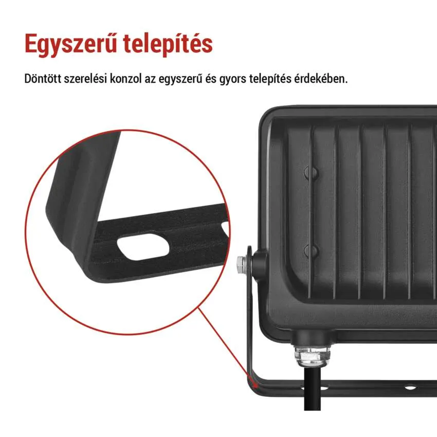 Fekete reflektor állítható tartóval és közelkép a tartó részleteiről.