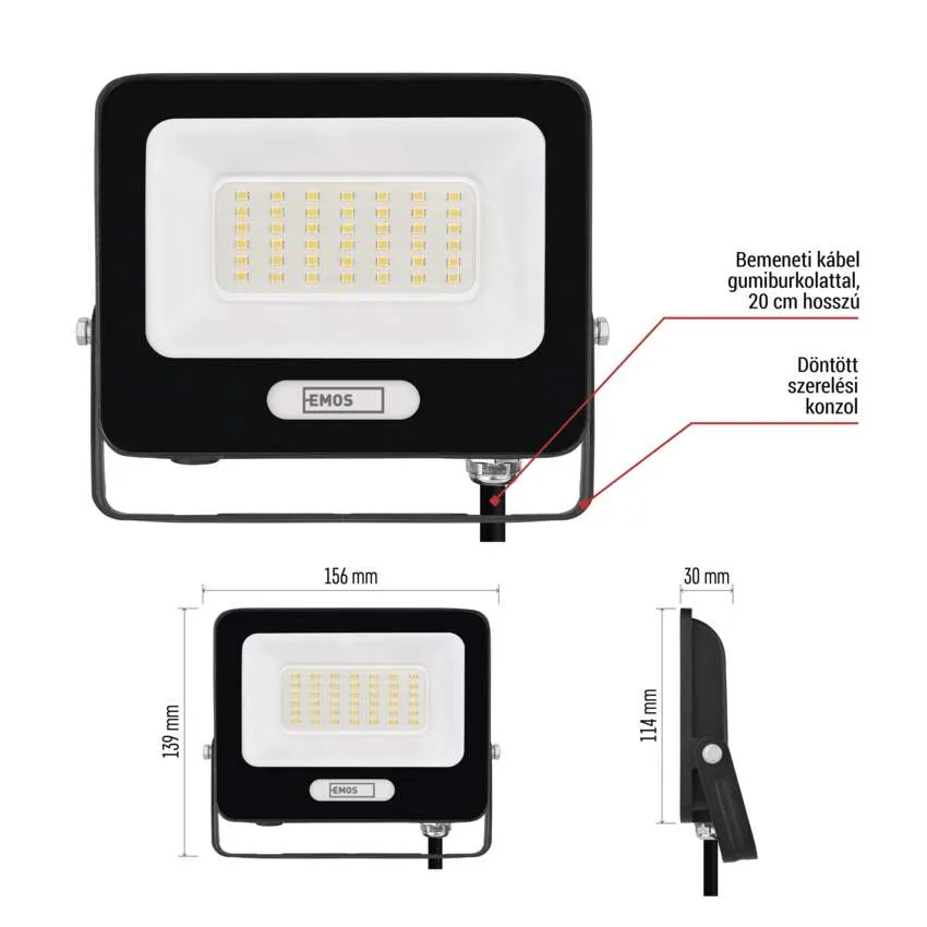 Fekete LED-reflektor fehér előlappal, méretekkel és kábelcsatlakozással.