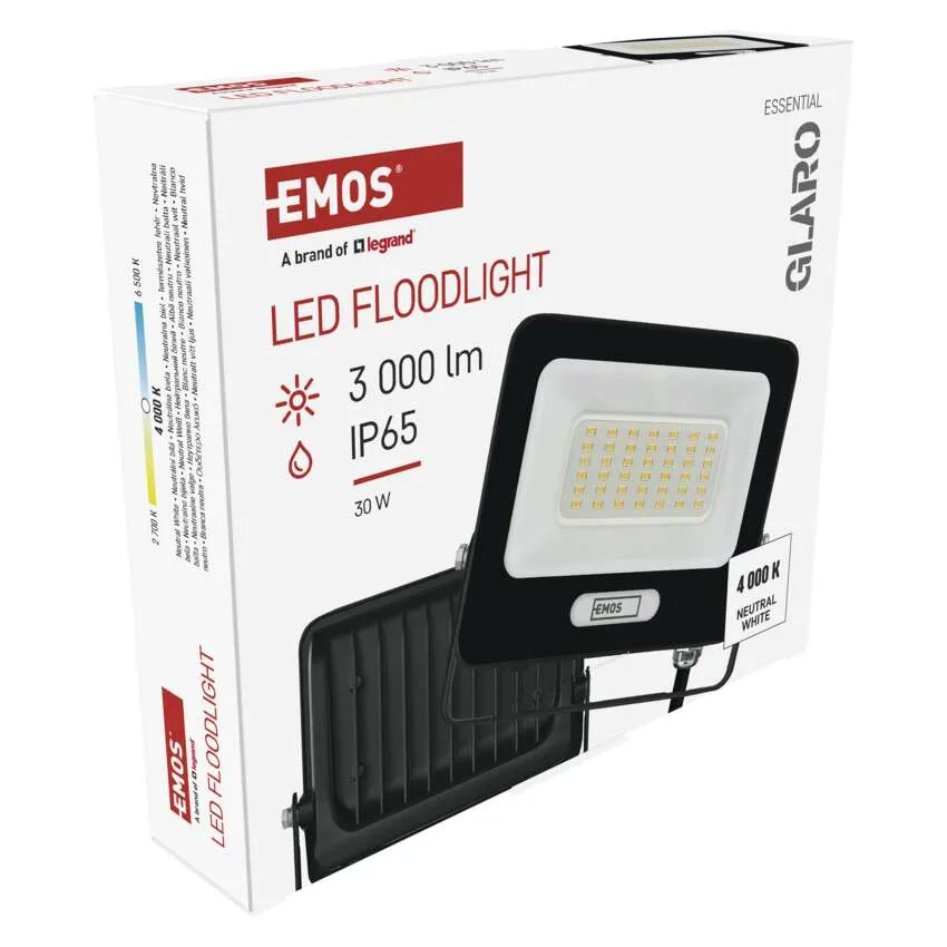 EMOS LED-es reflektor csomagolása, 3000 lm, IP65, 30 W, 4000 K természetes fehér.