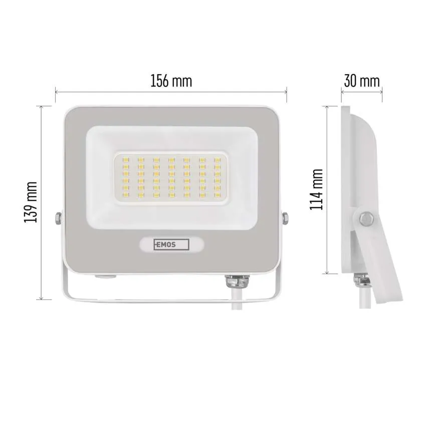Egy fehér LED-es reflektor méretekkel és több LED-del.