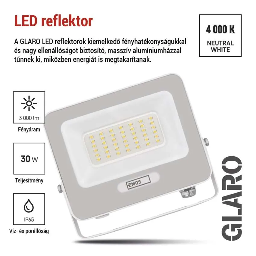 Szürke LED reflektor 3000 lm fényárammal, 30 W teljesítménnyel, IP65.