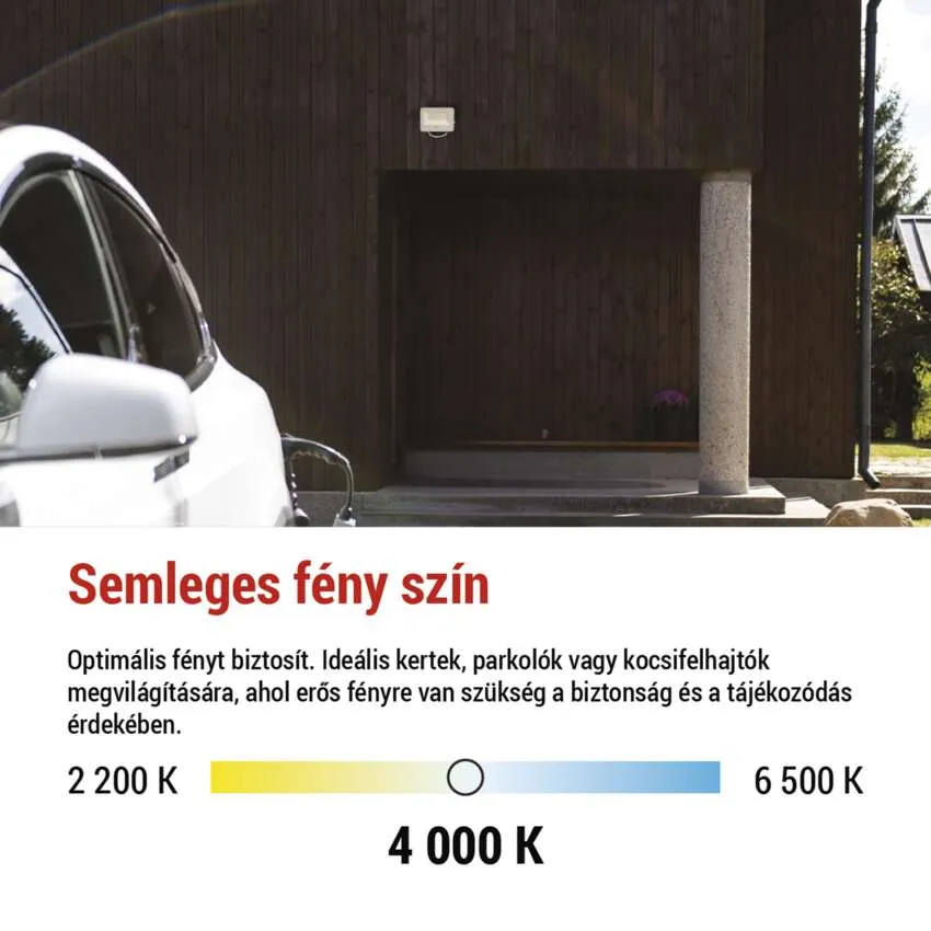 Egy fehér autó egy sötét fatüzelésű ház előtt, világítótesttel.