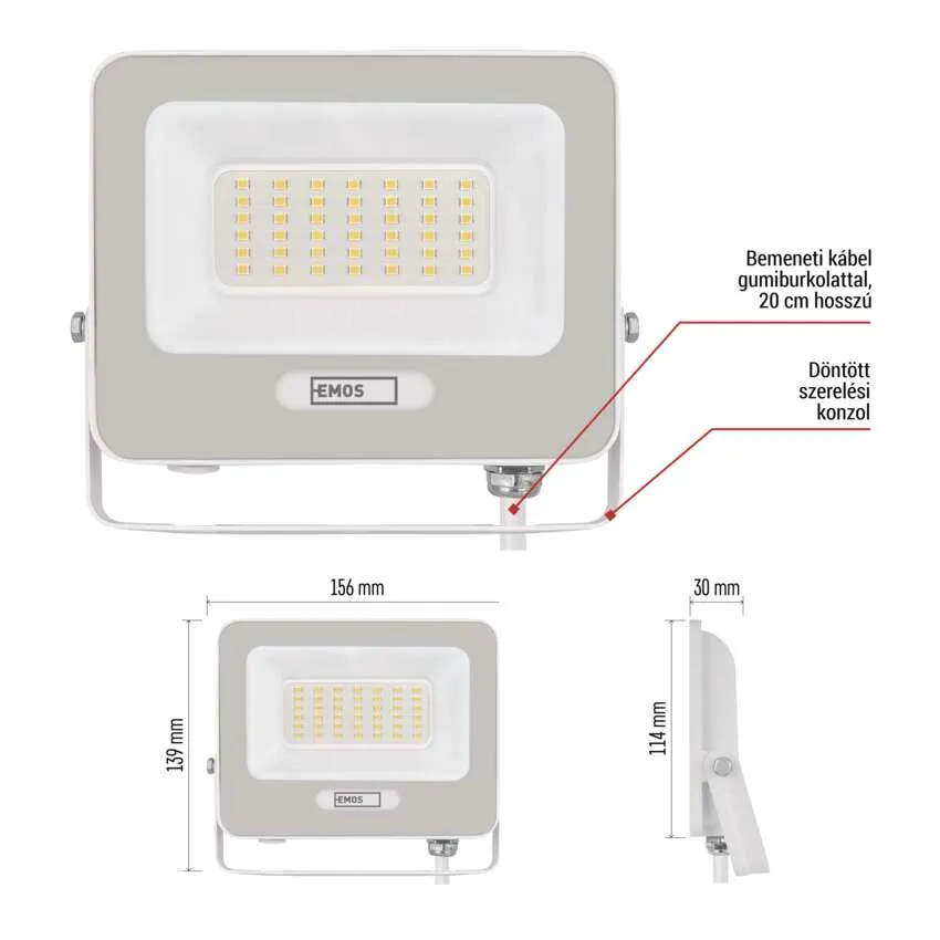 Szürke LED-es reflektor, méretekkel és tápkábellel.