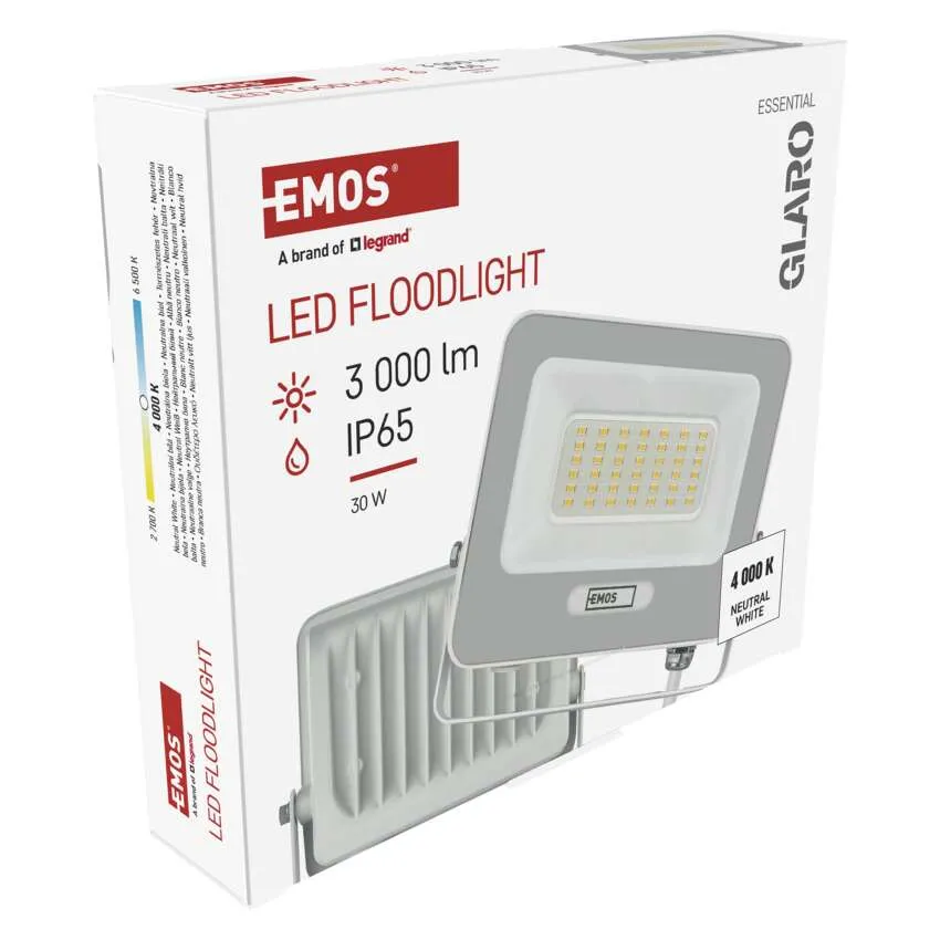 EMOS LED-es reflektor csomagolása, 30W, 3000 lm, IP65, 4000K természetes fehér.