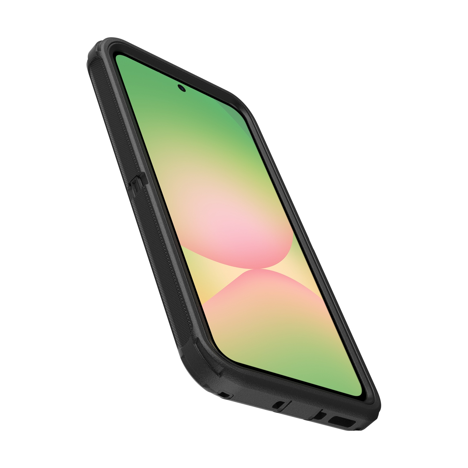 Uno smartphone nero con una sfumatura dal verde al rosa sullo schermo.