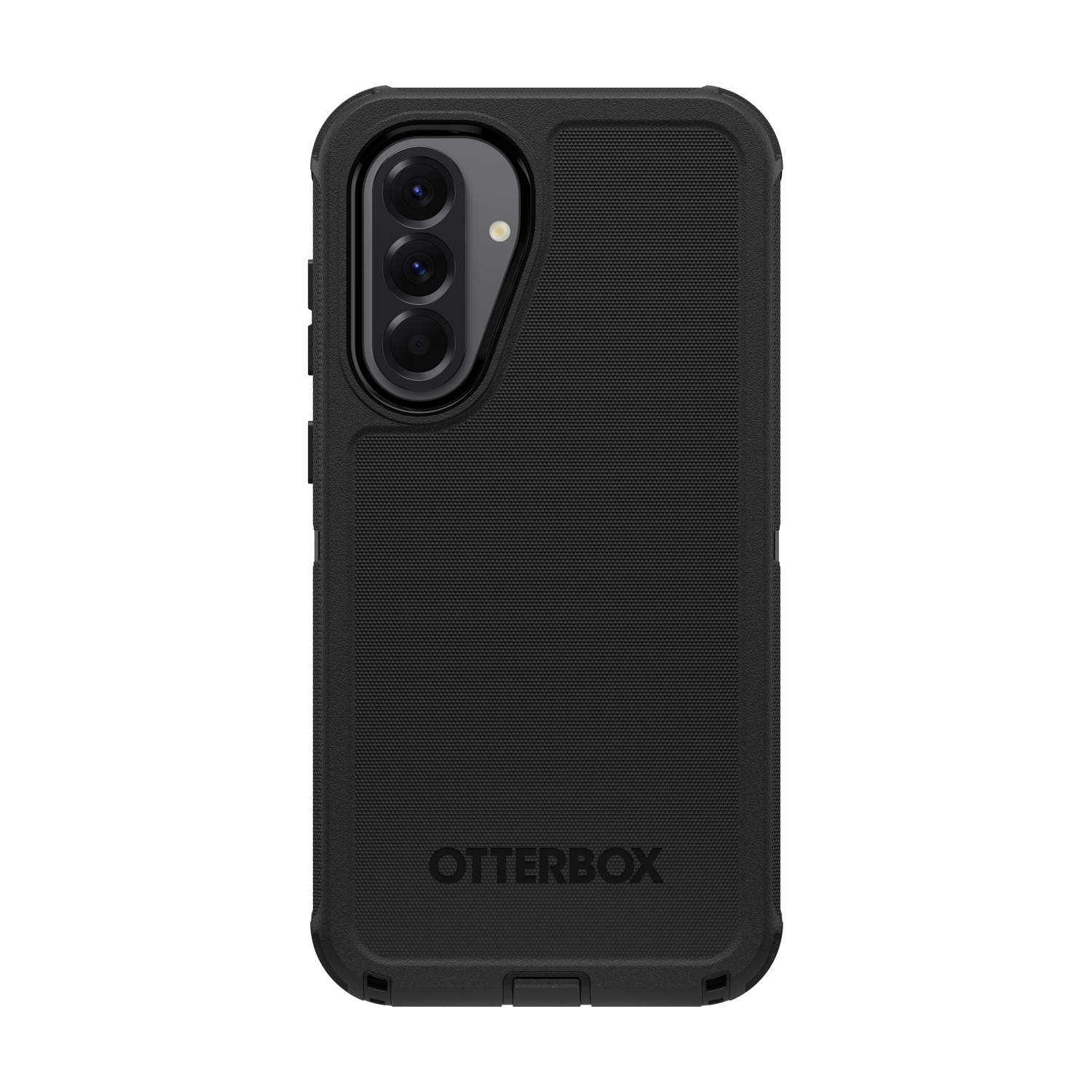 Custodia nera per telefono con tre obiettivi della fotocamera e logo Otterbox.
