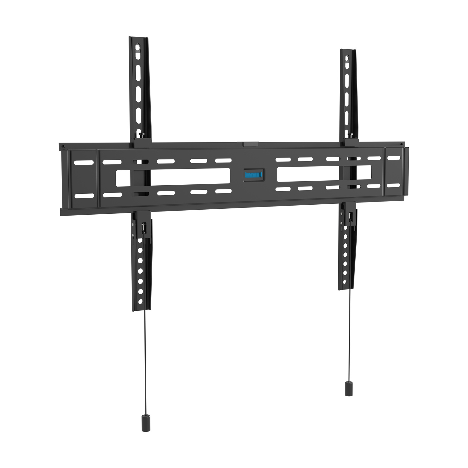 Supporto da parete nero per TV a schermo piatto con bracci e cavi regolabili.