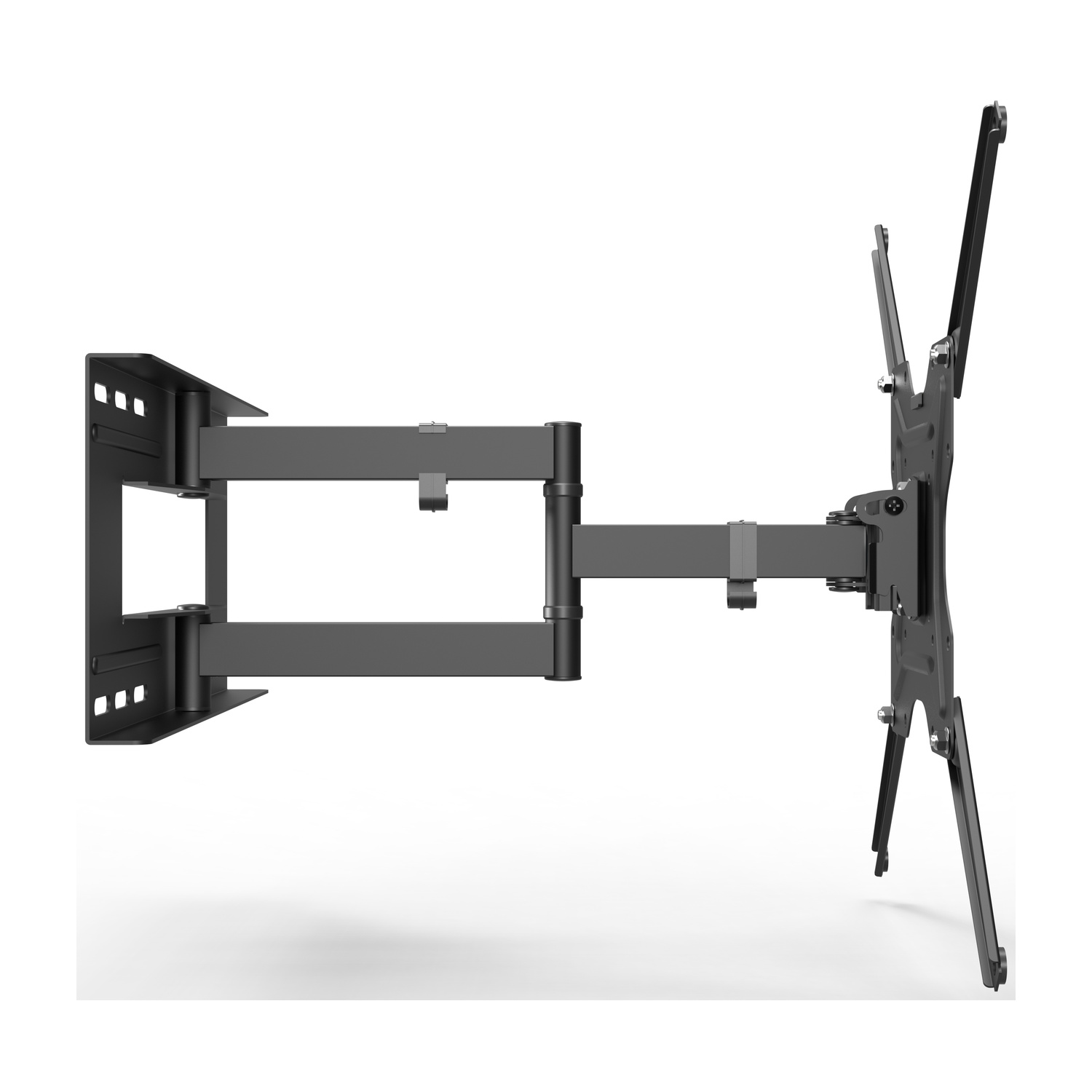 Un supporto da parete TV nero articolato su sfondo bianco.