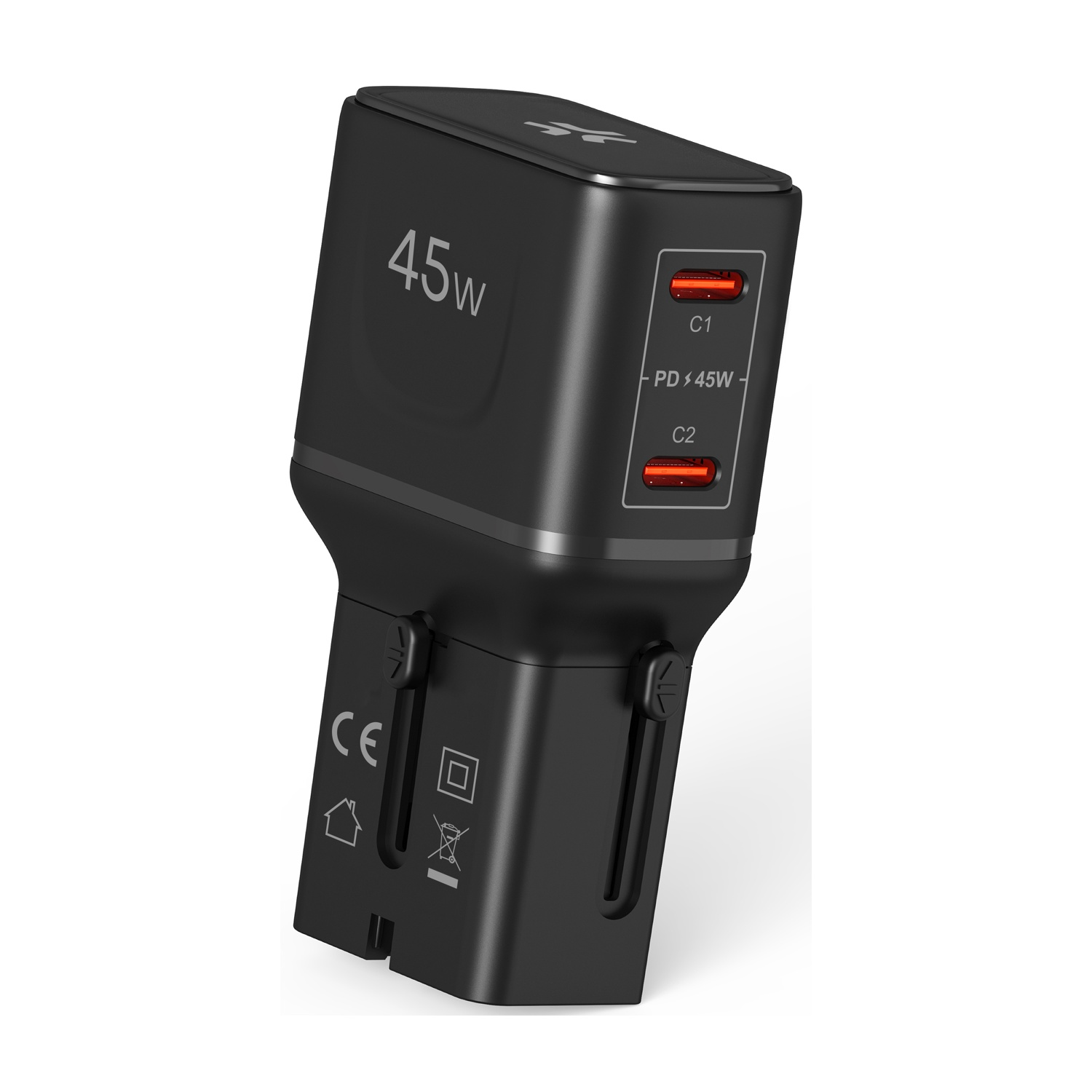 Caricatore USB-C doppio nero da 45W con spina pieghevole.