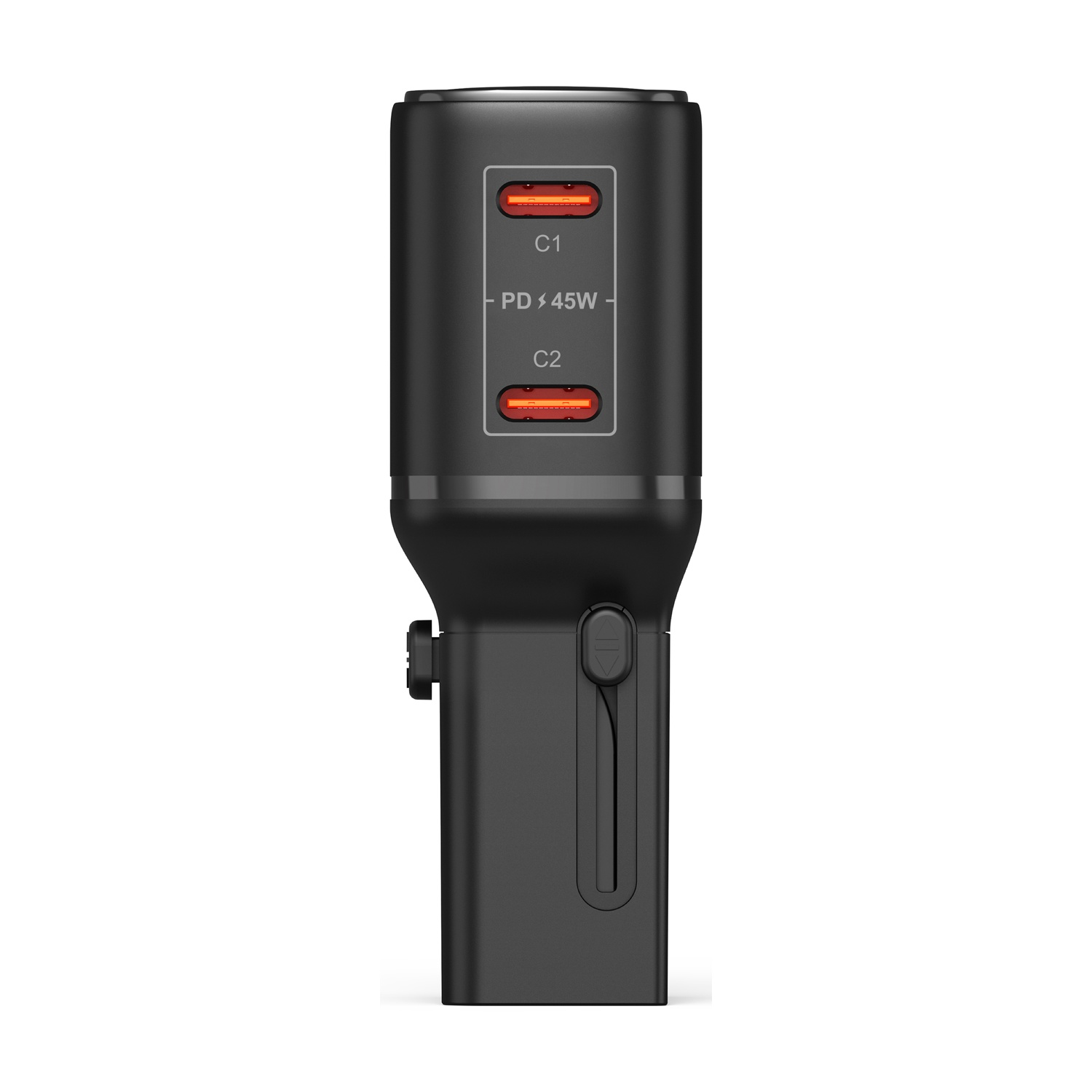 Caricatore nero con due porte USB-C, PD 45W.