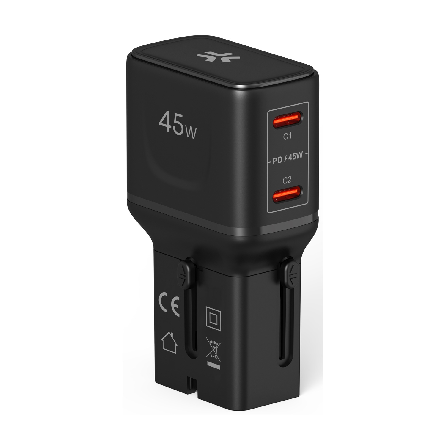 Caricatore USB-C nero da 45W con due porte e marchio CE.