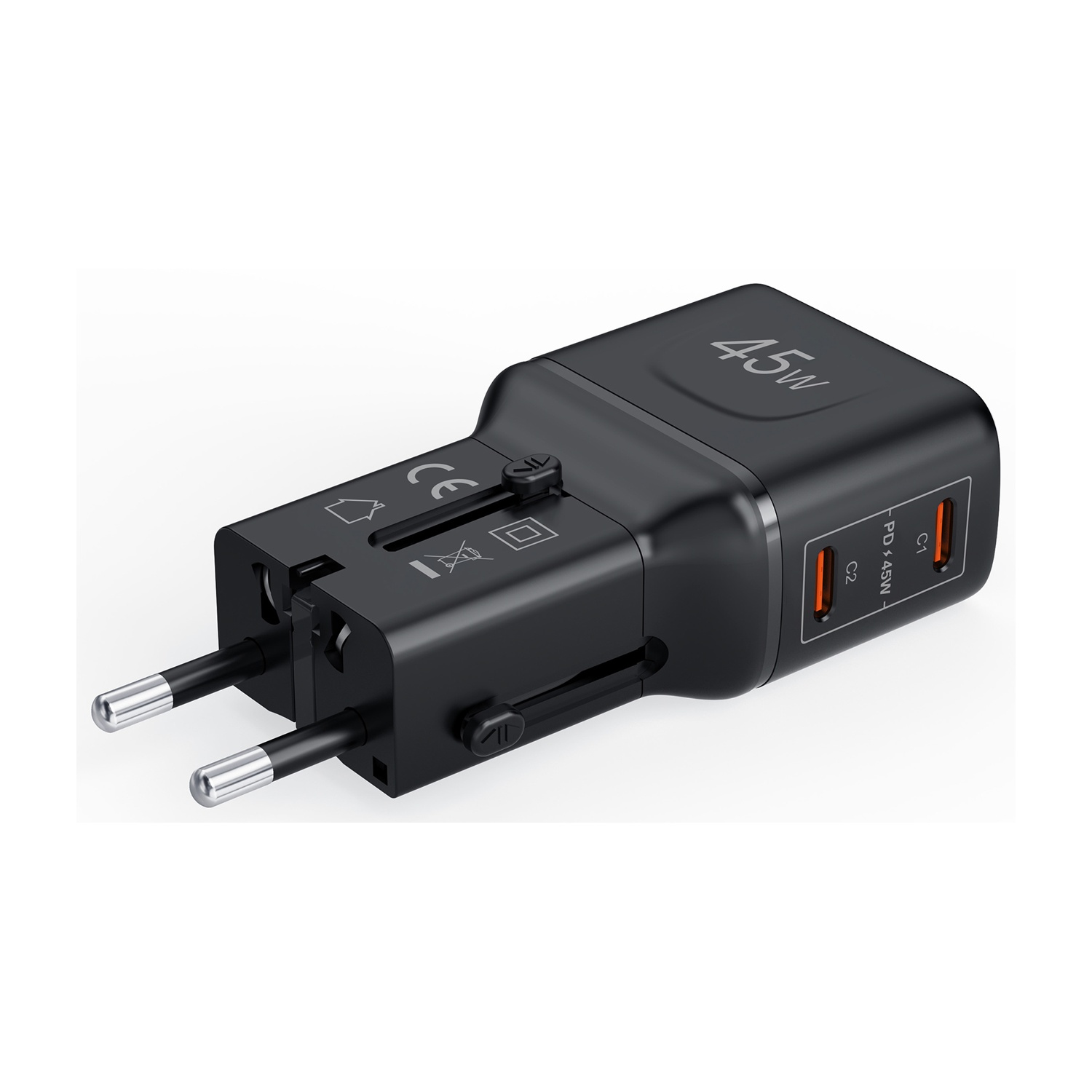 Adattatore da viaggio USB-C nero da 45W con pin UE retrattili e due porte.