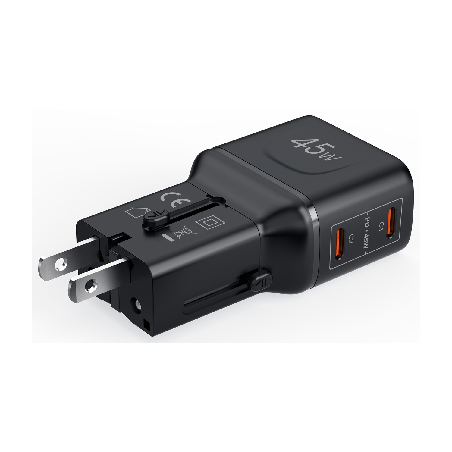 Caricatore USB-C nero da 45W con spine USA pieghevoli e due porte USB-C.