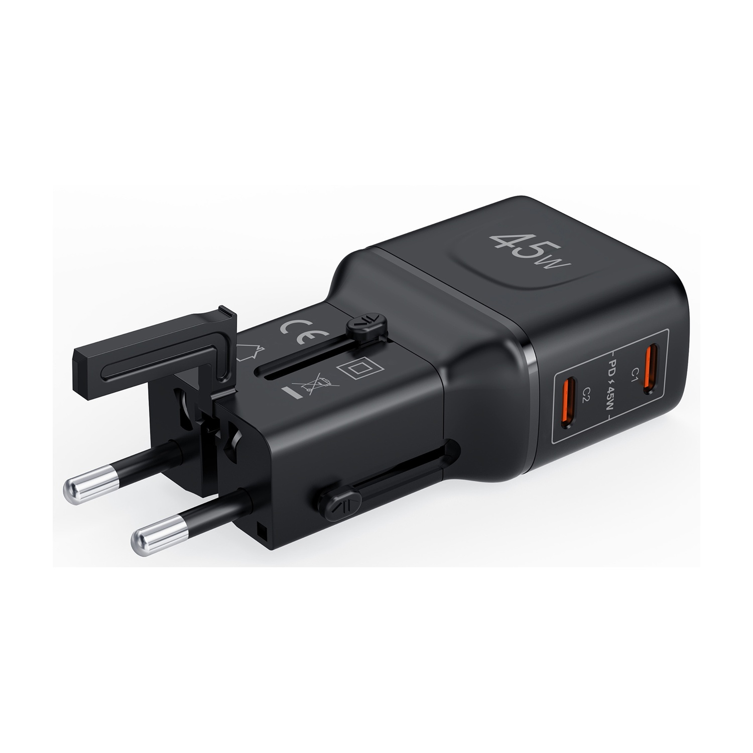 Adattatore da viaggio USB-C nero da 45W con spinotti retrattili e due porte USB-C.