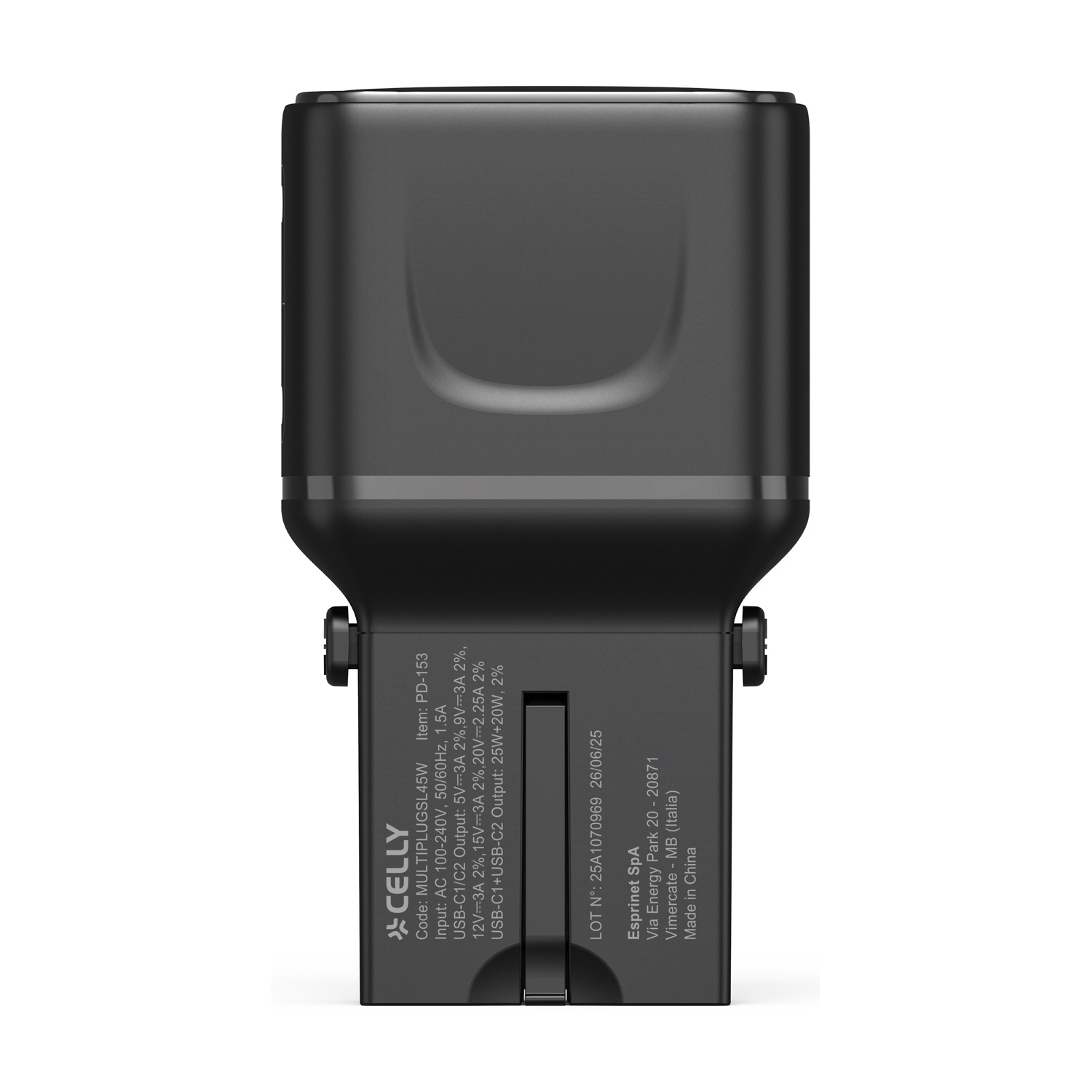 Caricatore nero con porte USB-C e dettagli tecnici.