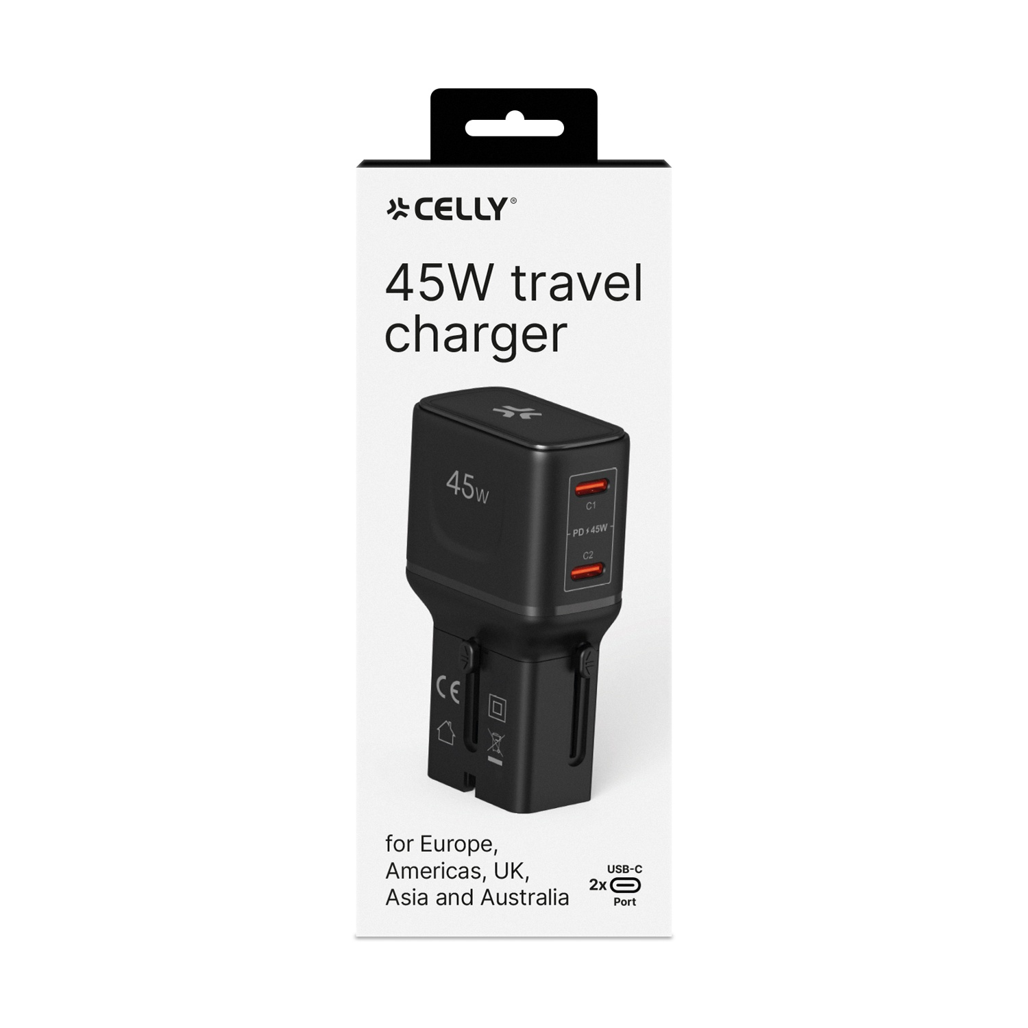 Caricatore da viaggio nero da 45W con due porte USB-C su confezione bianca.