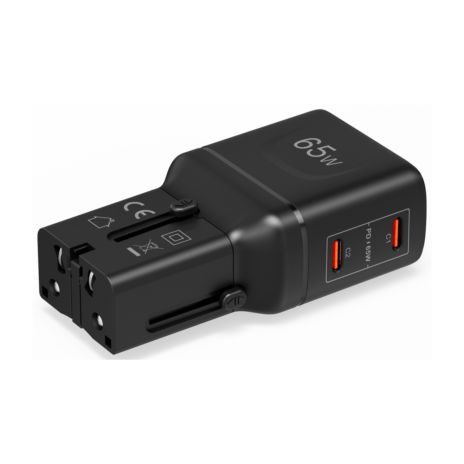 Adattatore da viaggio USB-C nero da 65W con pin retrattili e due porte di ricarica.