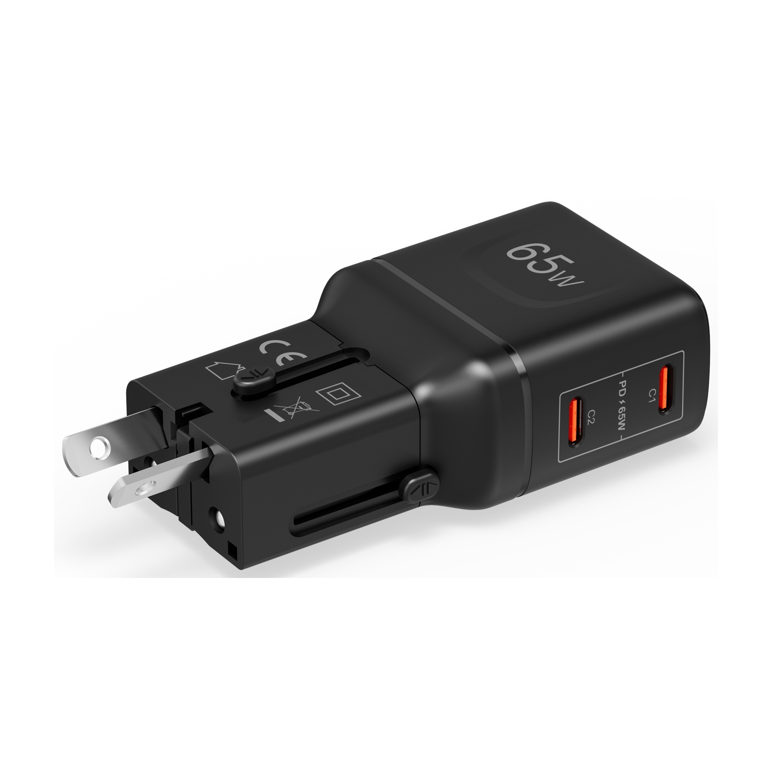 Adattatore da viaggio USB-C nero da 65W con pin retrattili e due porte PD.