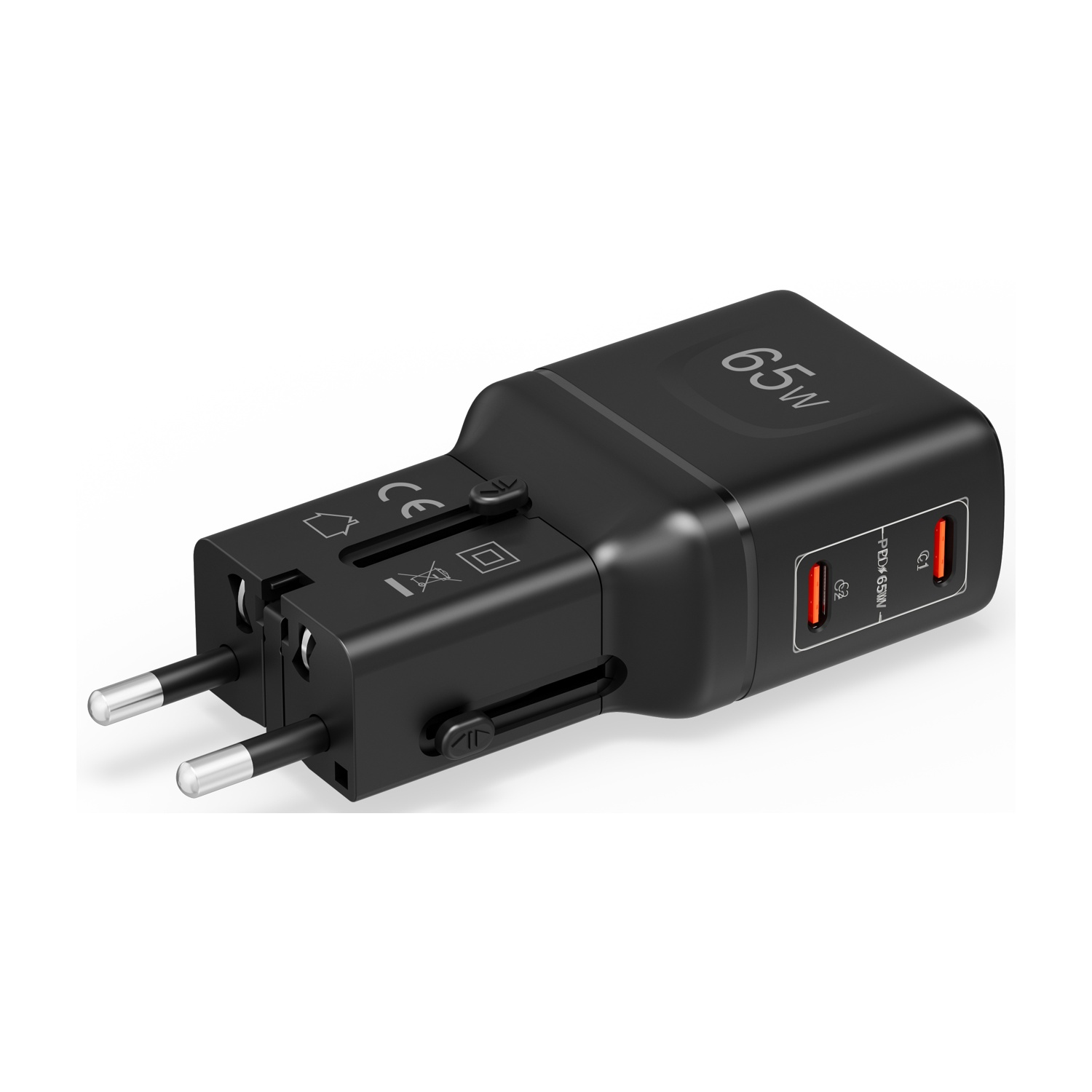 Caricatore USB-C nero da 65W con pin pieghevoli e due porte USB-C.