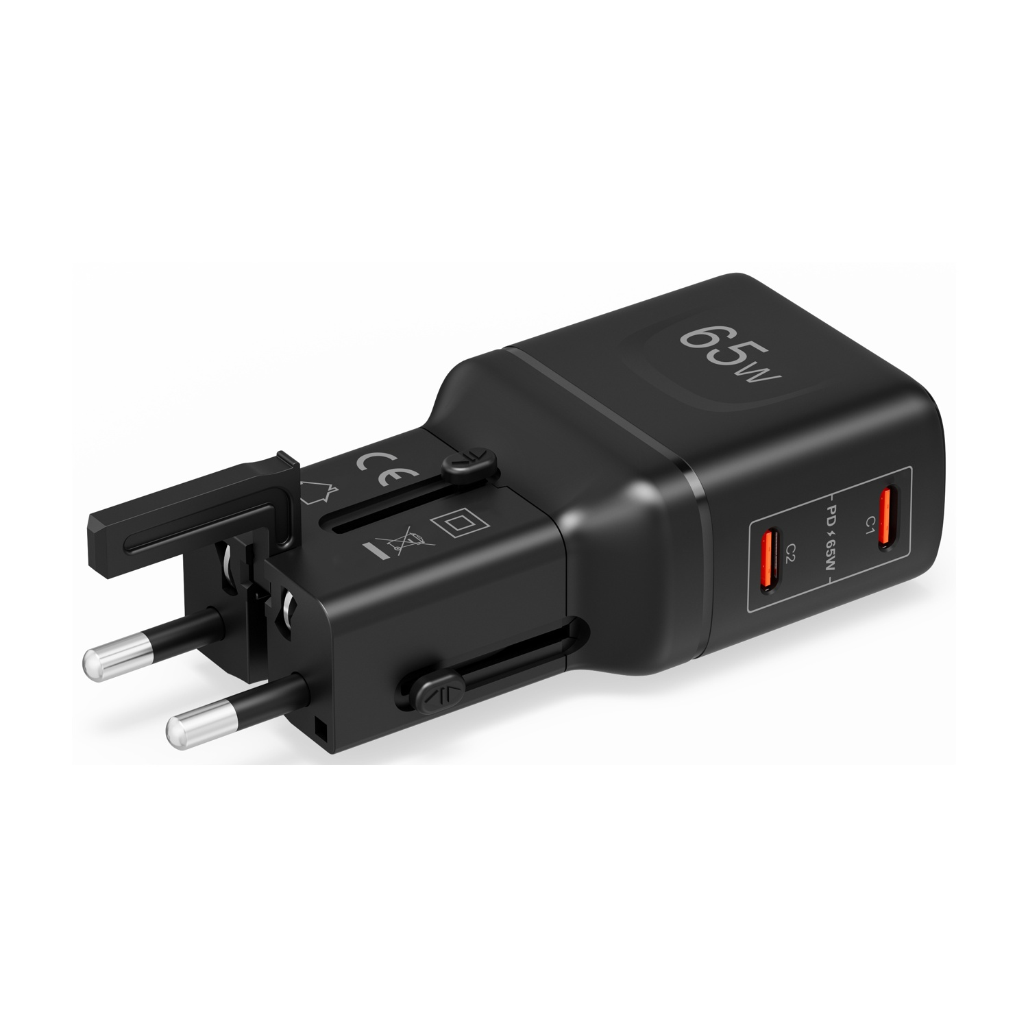 Adattatore da viaggio USB-C nero da 65W con vari tipi di spina e due porte.