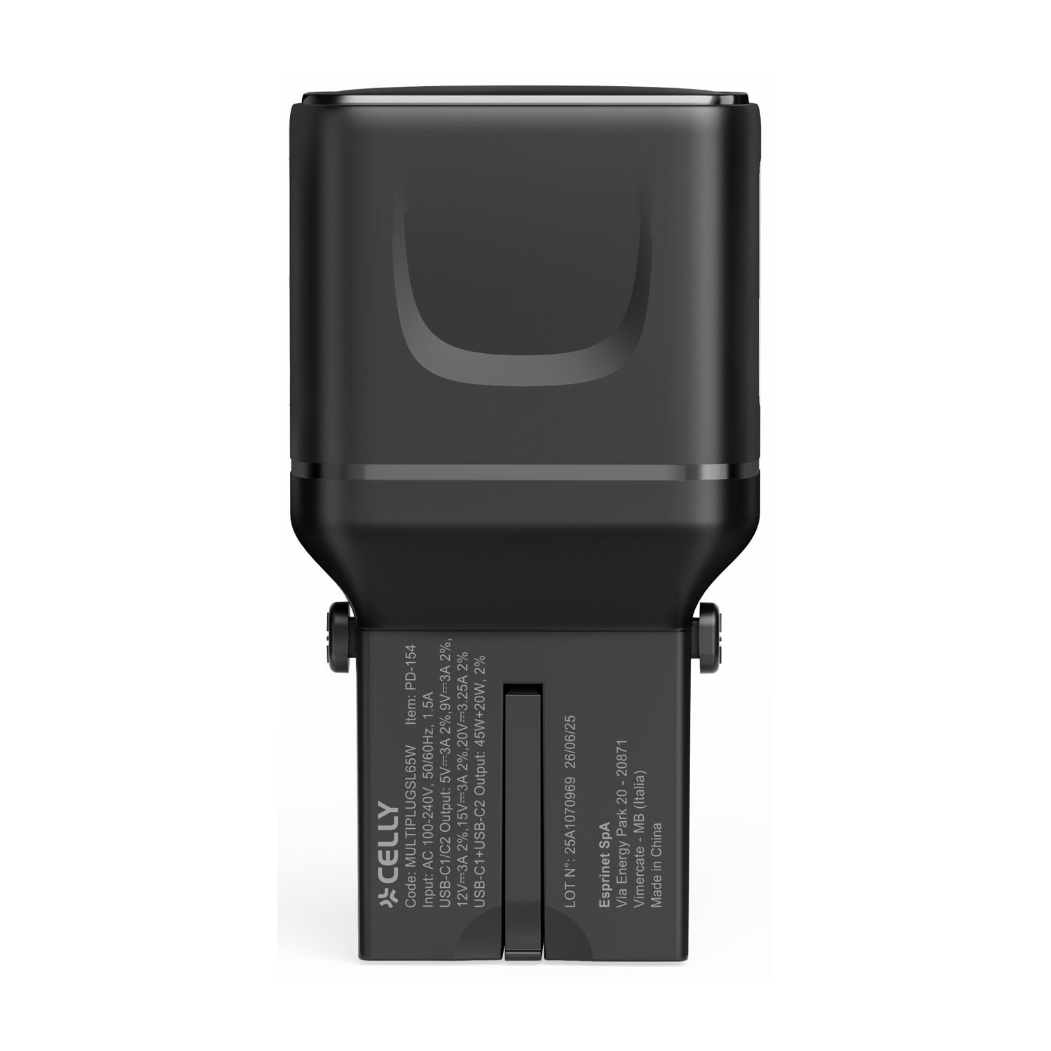 Adattatore caricabatterie USB-C nero con dettagli tecnici e informazioni aziendali.