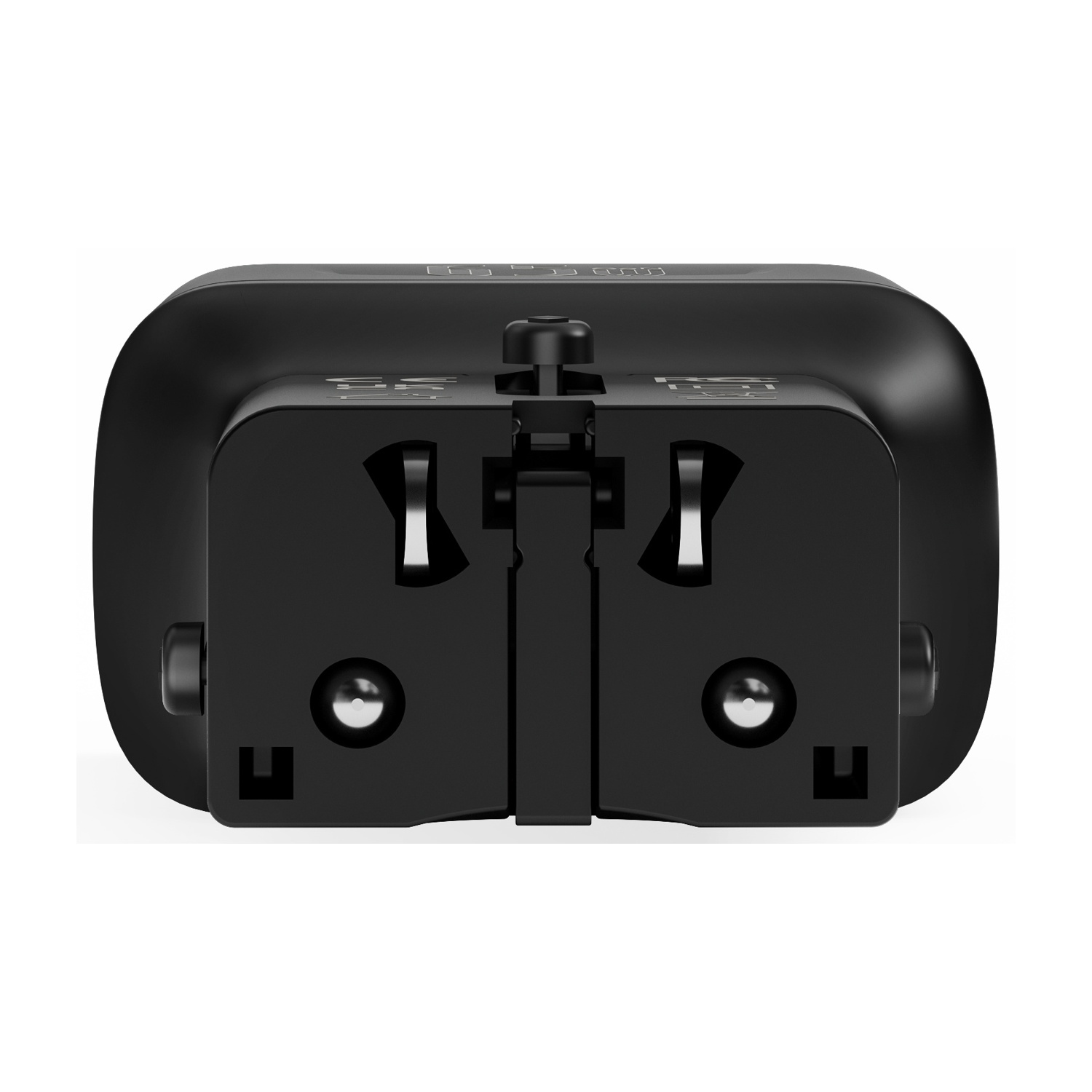 Adattatore da viaggio nero con prese pieghevoli e porte USB.