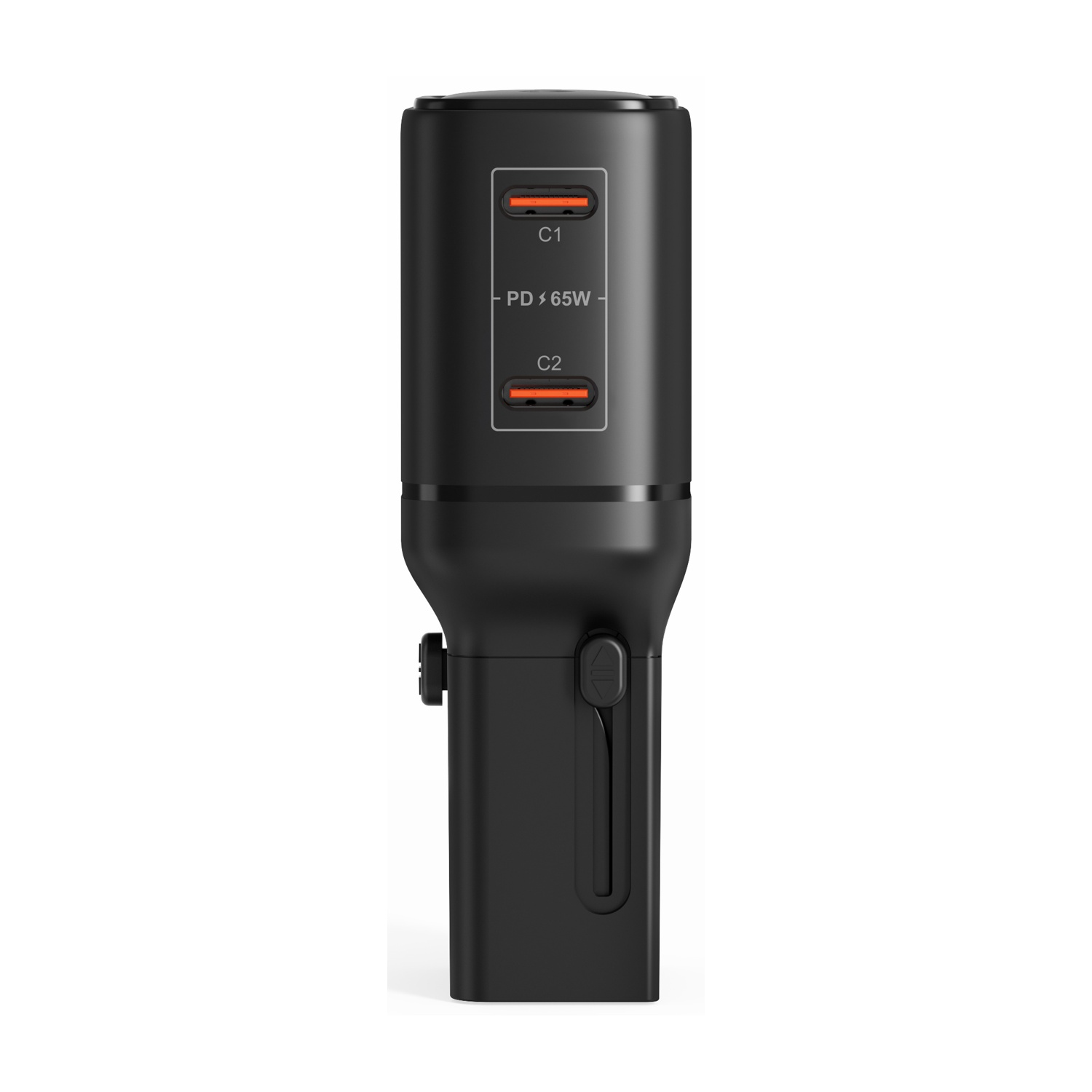Caricatore nero con due porte USB-C e 65W PD.