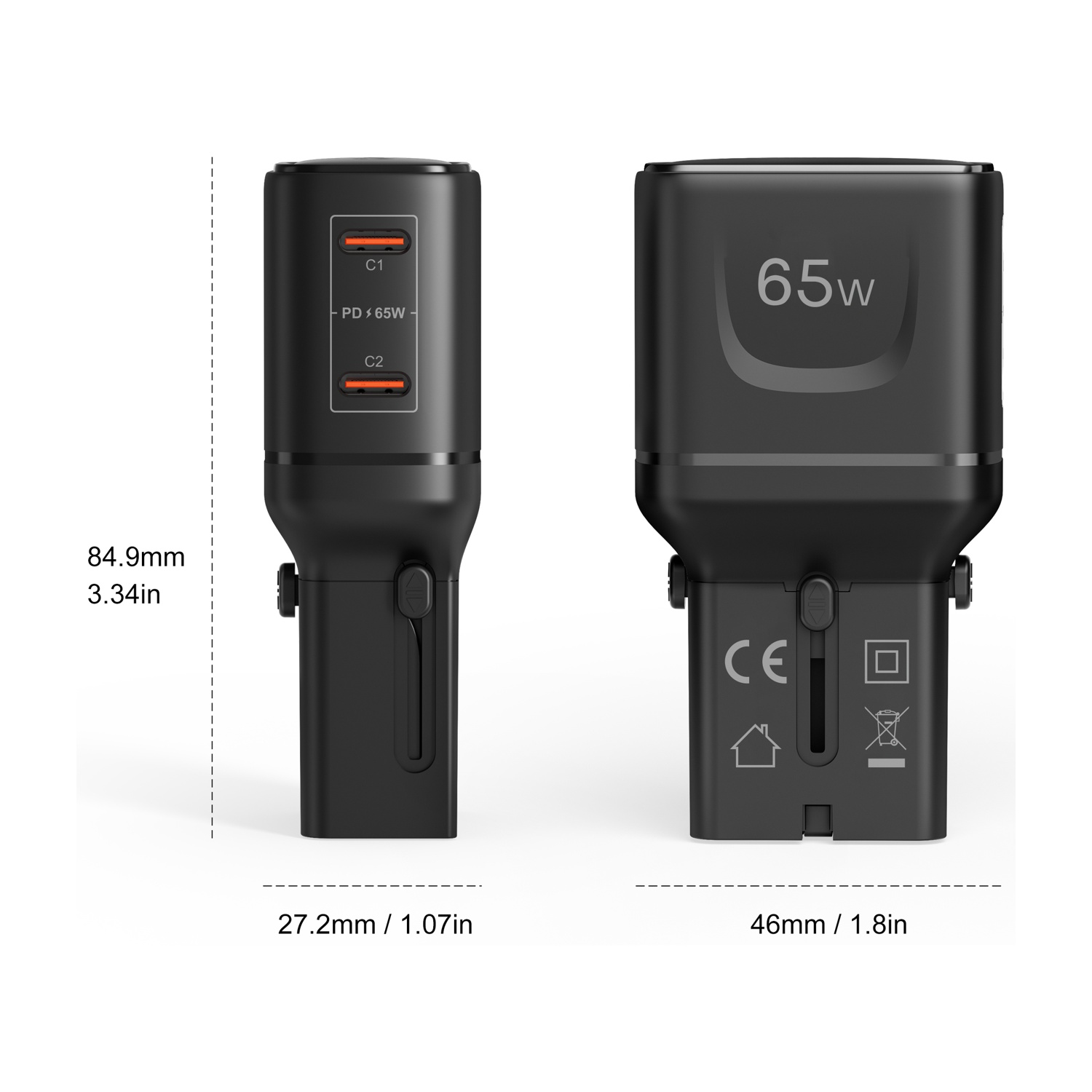 Due caricabatterie neri uno accanto all'altro. Uno ha due porte USB-C, l'altro dice '65W'.