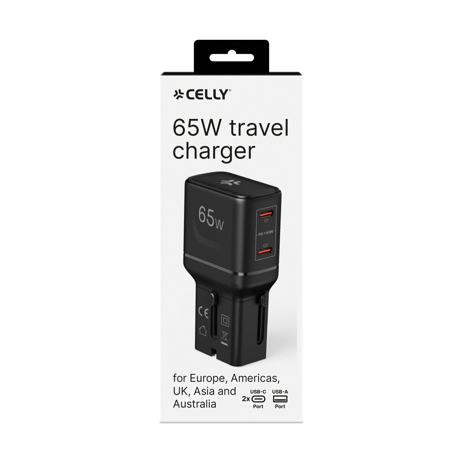Caricabatterie da viaggio CELLY nero da 65W con due porte USB-C e una USB-A.