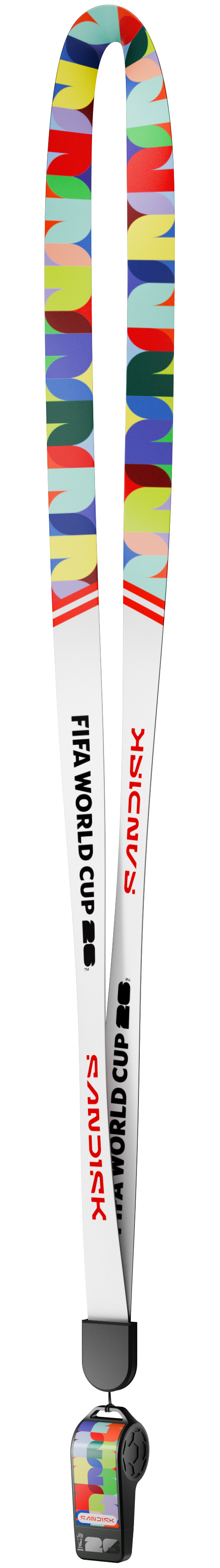 Ein bunter FIFA-WM-Lanyard mit Sandisk-Logo und dem Jahr 2026.