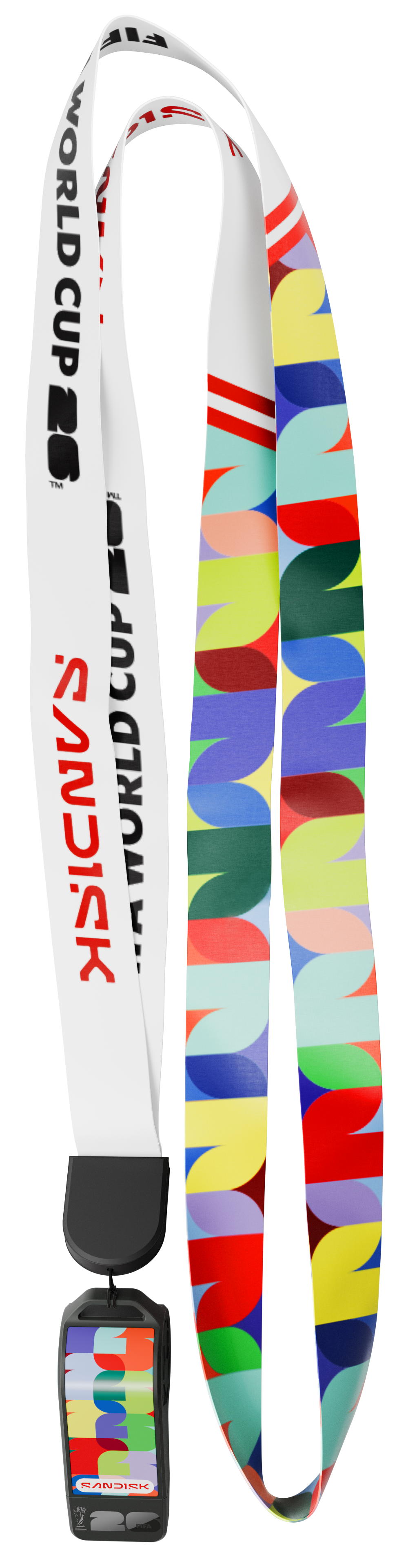 Ein weißes Lanyard mit „World Cup 2026“ und „Sandisk“ beschriftet; daneben ein buntes Lanyard.